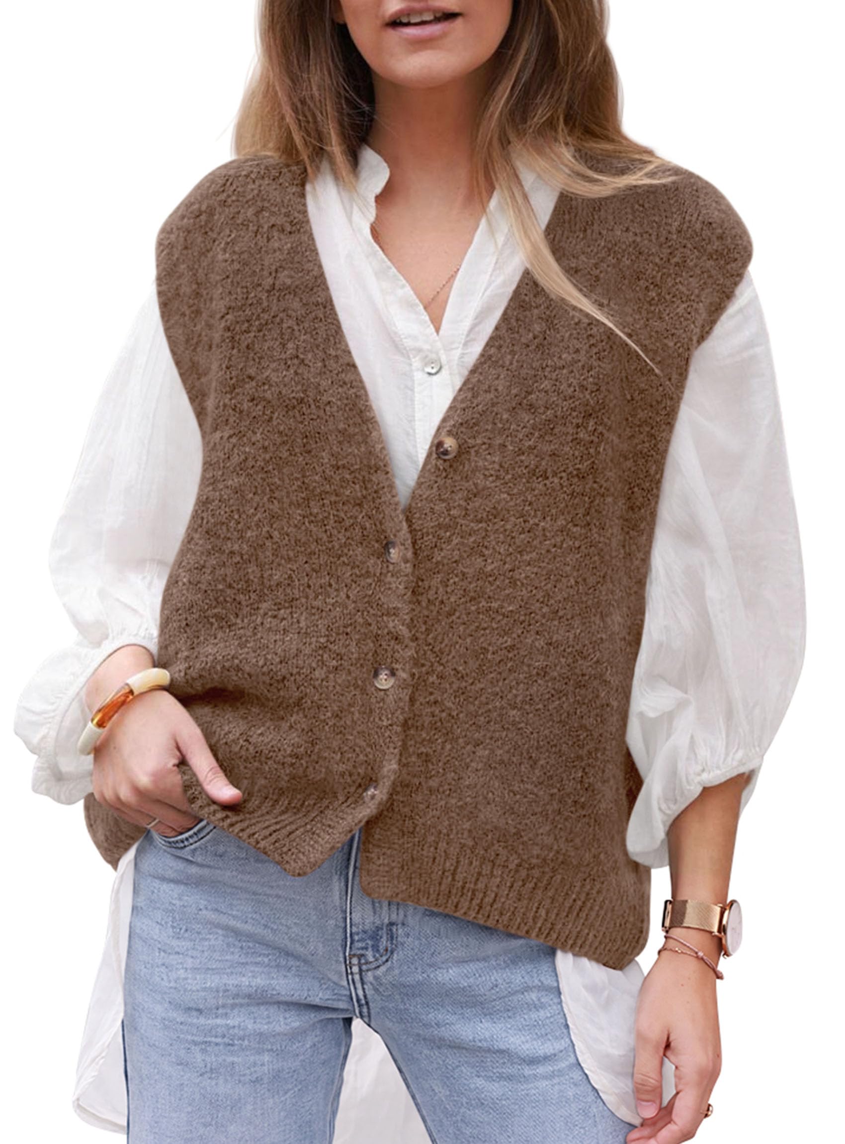 Womens Fall Sleeveless Button Down Sweater Vest,Khaki,S
