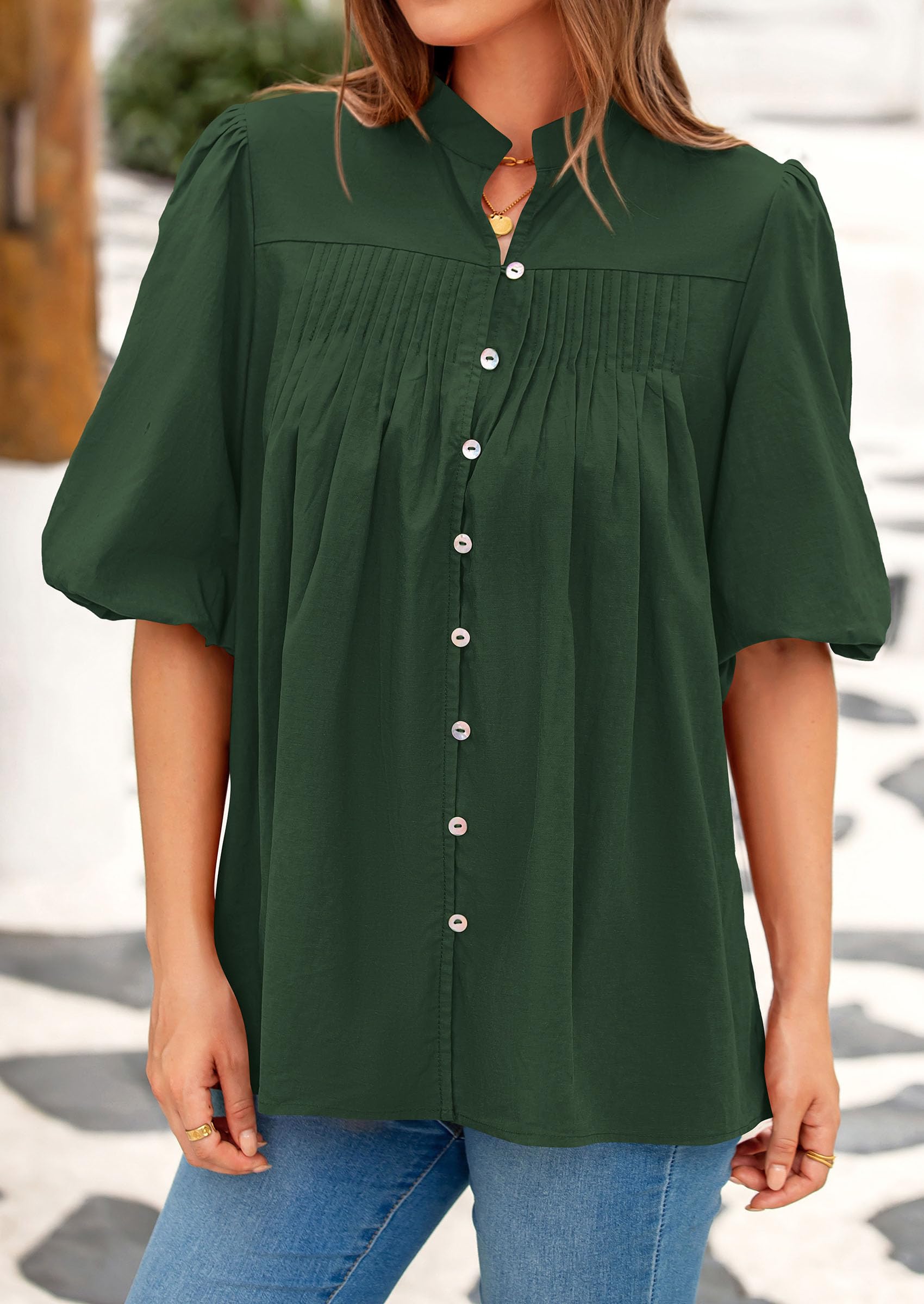 Short Sleeve Henley Shirts for Women,Dark Green,S