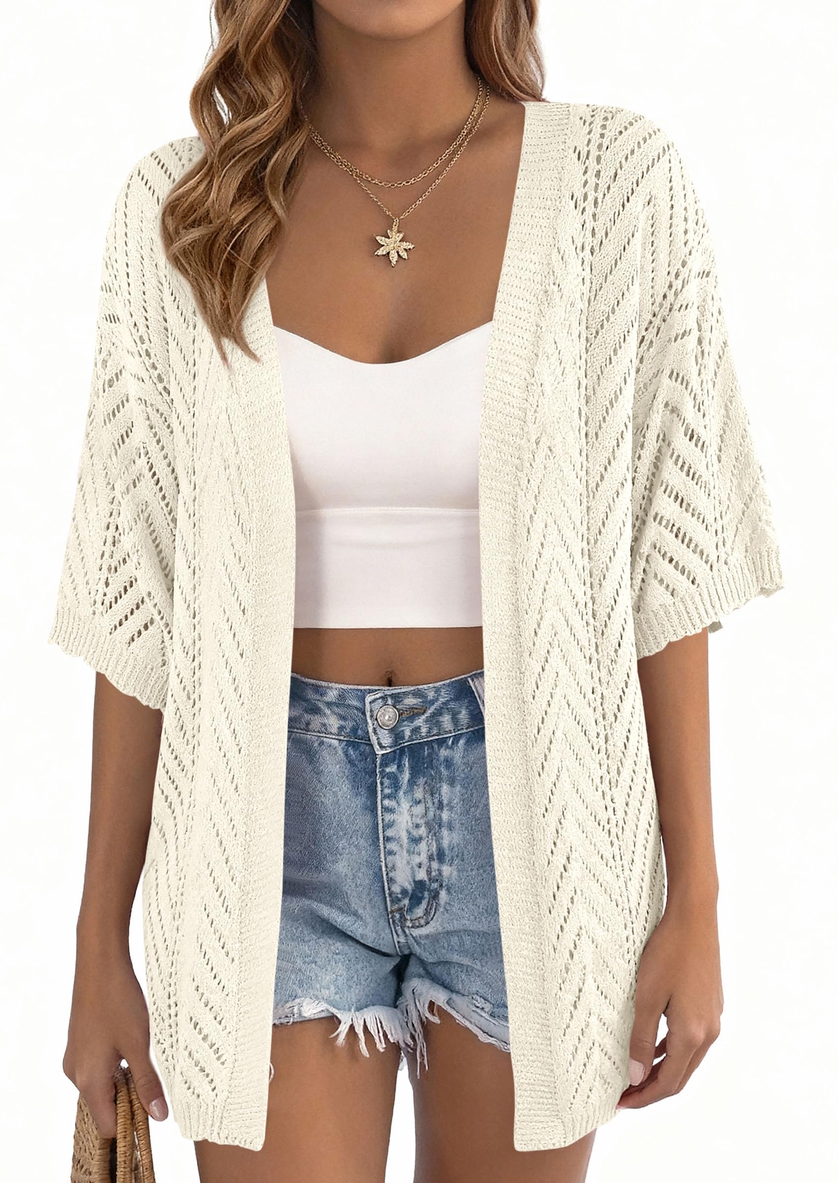 Women Lightweight Summer Short Sleeve Cardigan, Off White,M