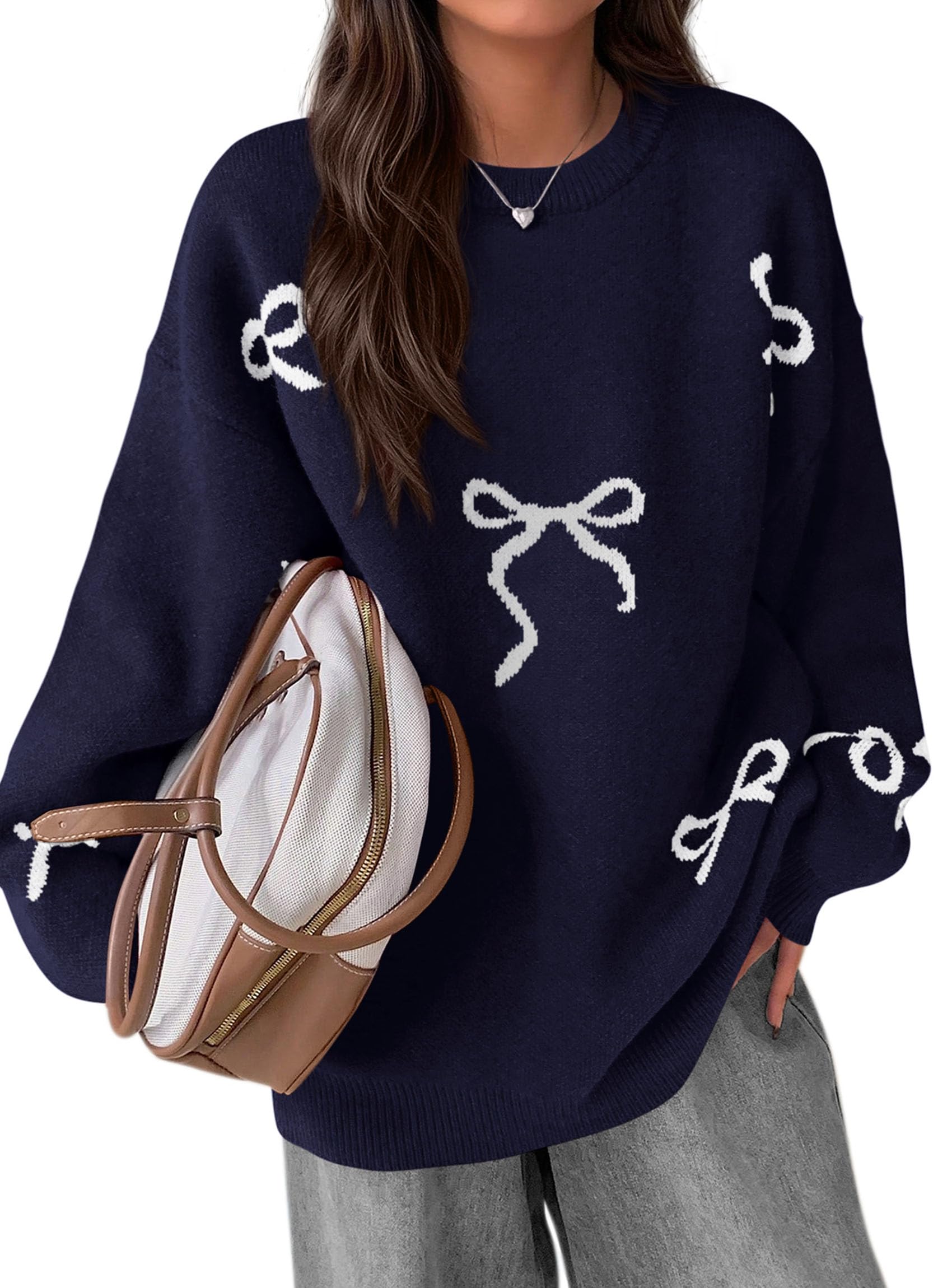 Fall Long Sleeve Pullover Sweaters for Women 2026 Trendy Crewneck Casual Cute Bow Chunky Knit Oversized Sweater (Navy Blue,Small)