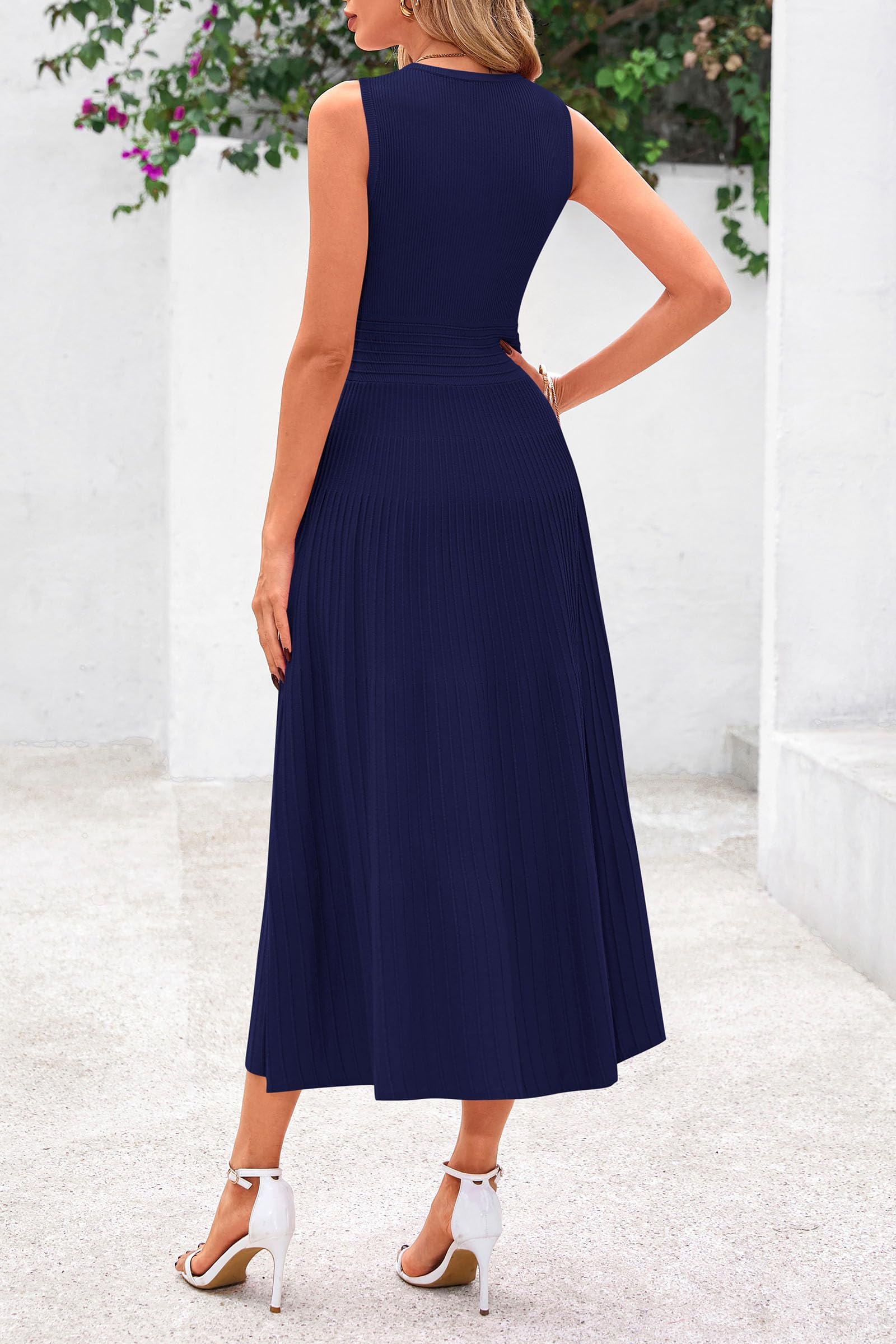 Women's Summer Pleated Midi Work Dress,Navy,S