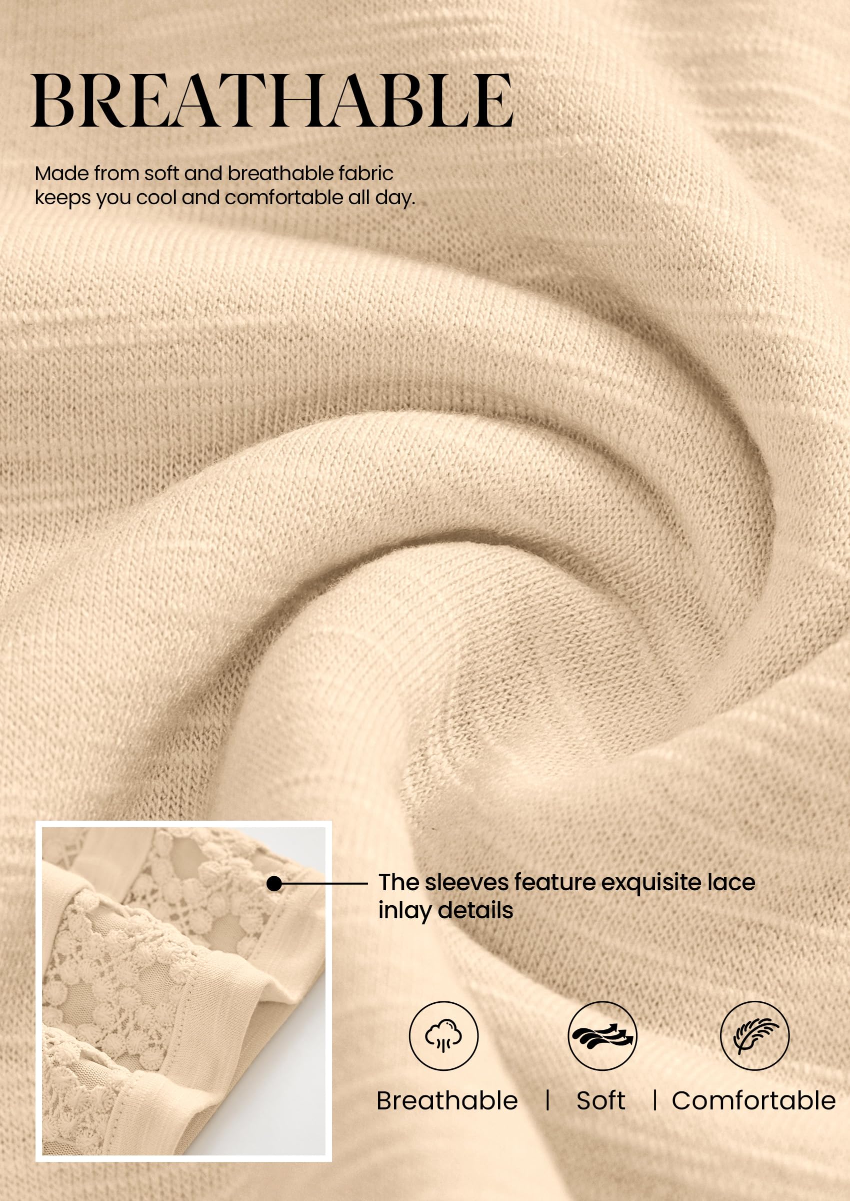 Women's Summer Short Sleeve Lace Trim T-Shirts,Beige,S