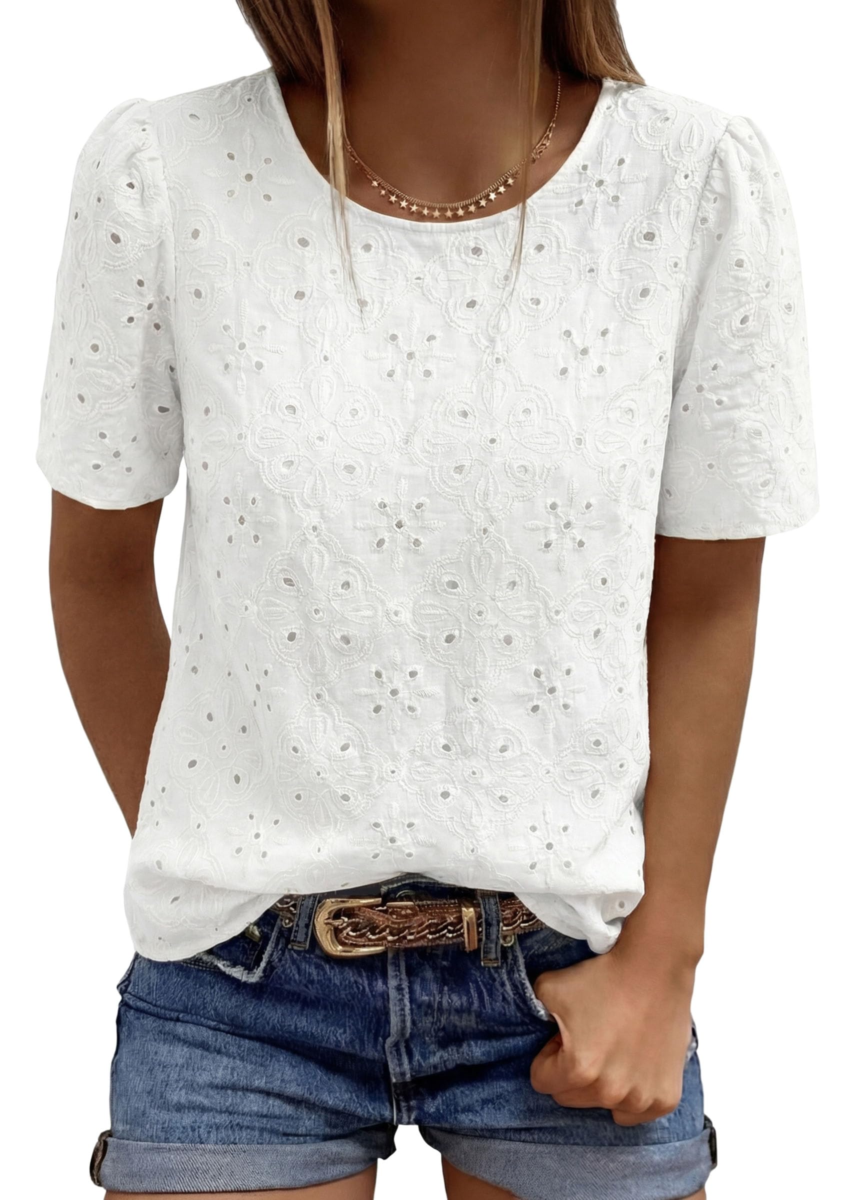 Women's Embroidered Eyelet Short Sleeve Blouse, White,XS