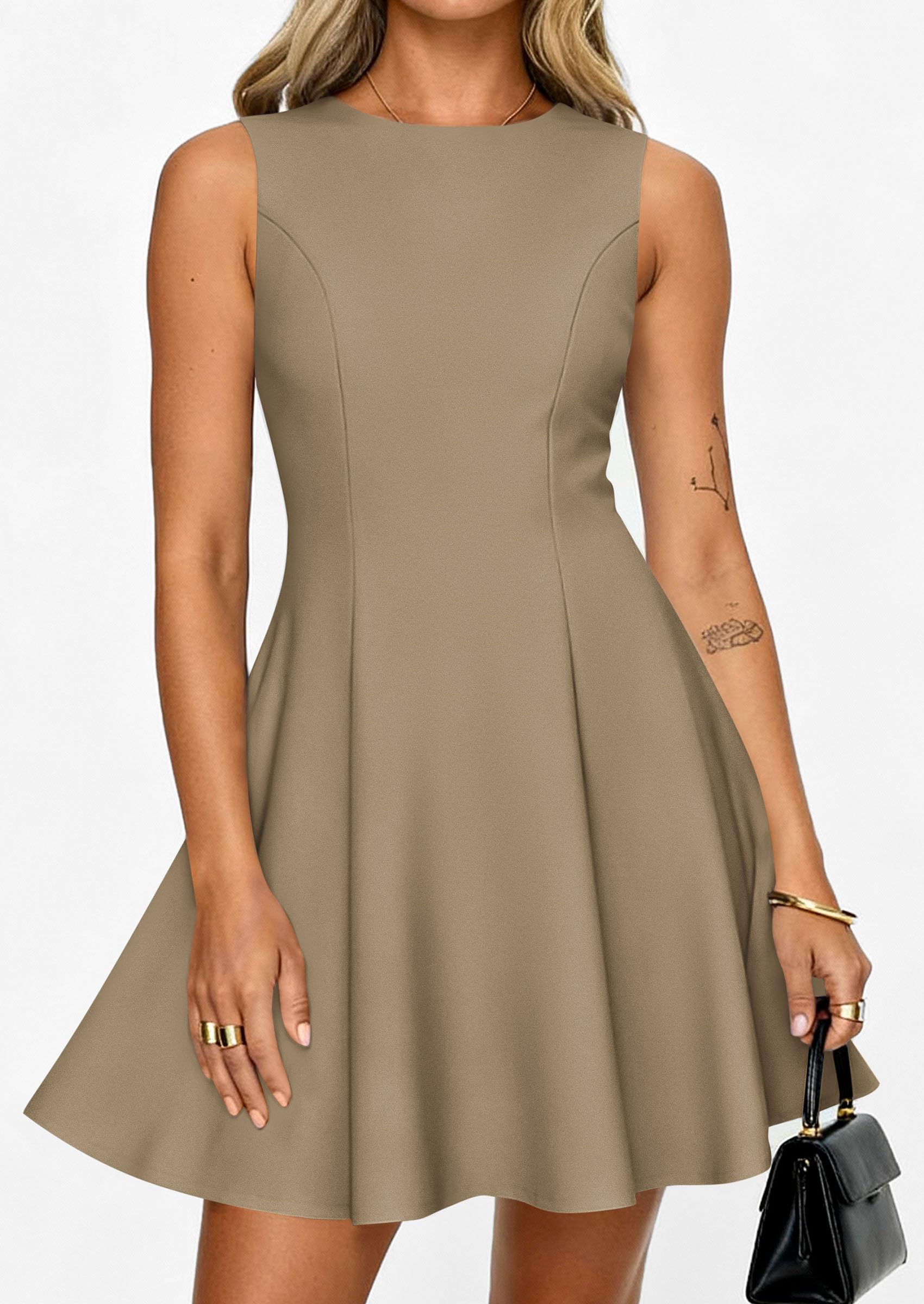 Women's Formal Boat Neck A Line Mini Dress,Khaki,XS