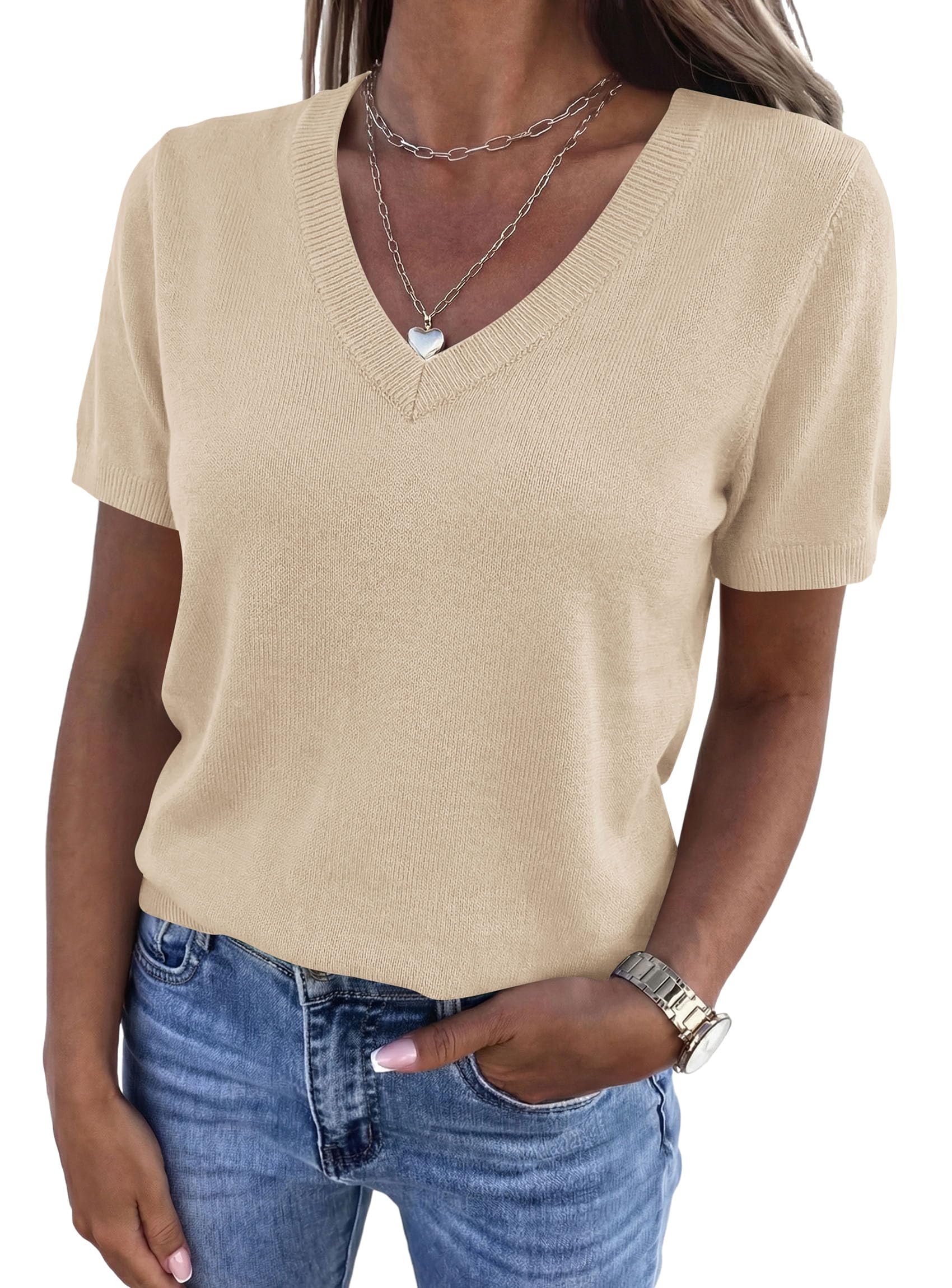 Womens Short Sleeve Sweater V Neck Tops,Apricot,S