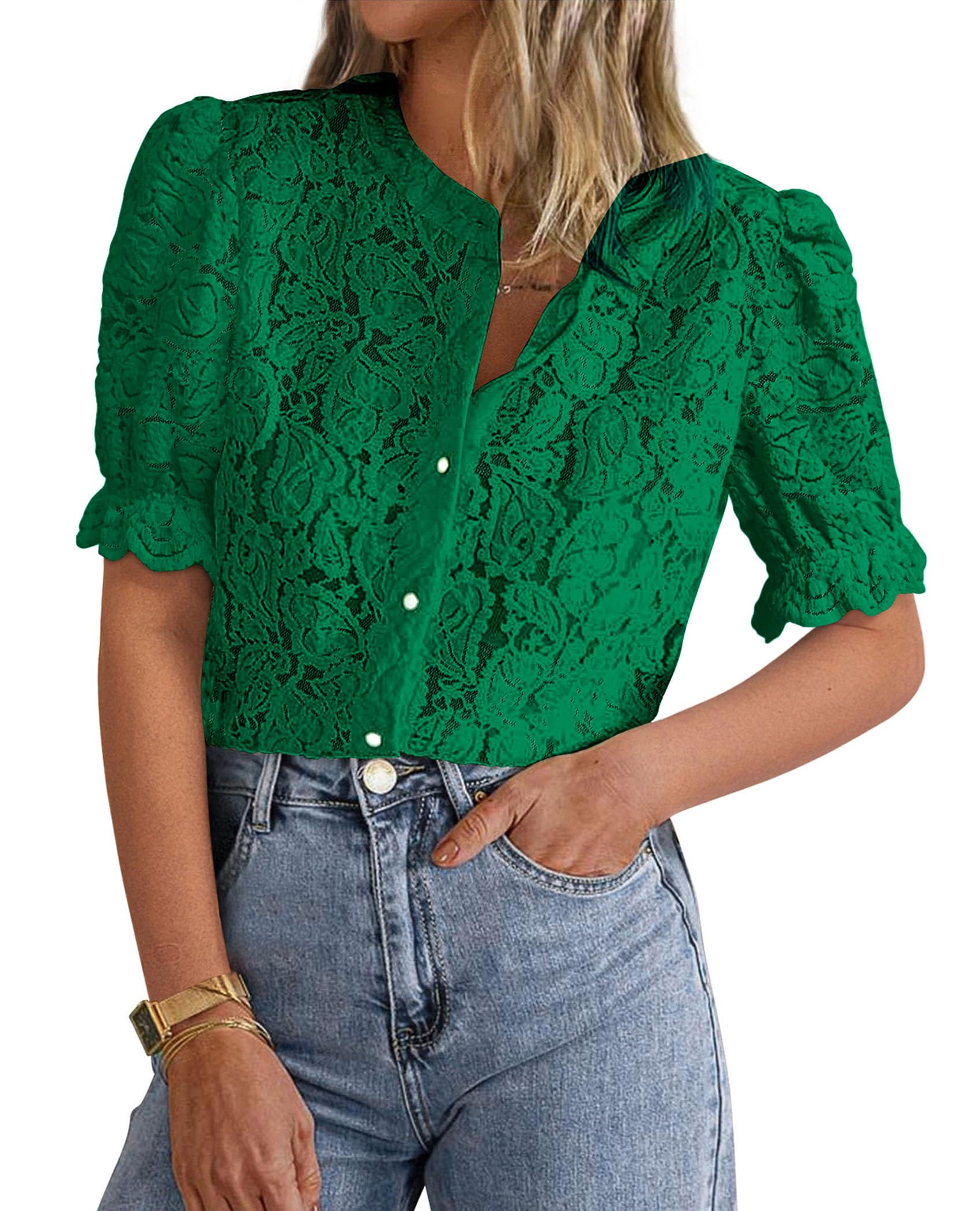 Womens Lace Tops Button Down Short Sleeve Shirts,Dark Green,S