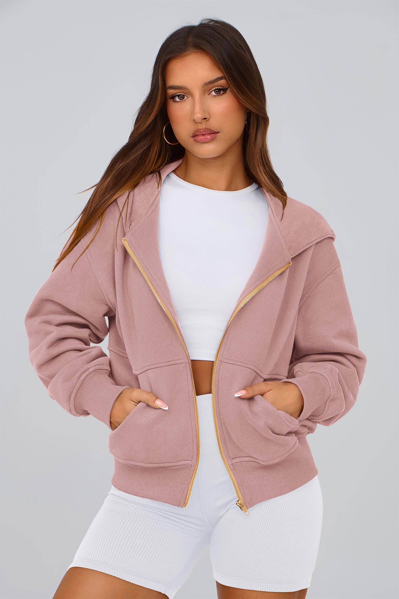 Hoodies for Women Fall Fashion Zip Up Fleece Plain Sweatshirt