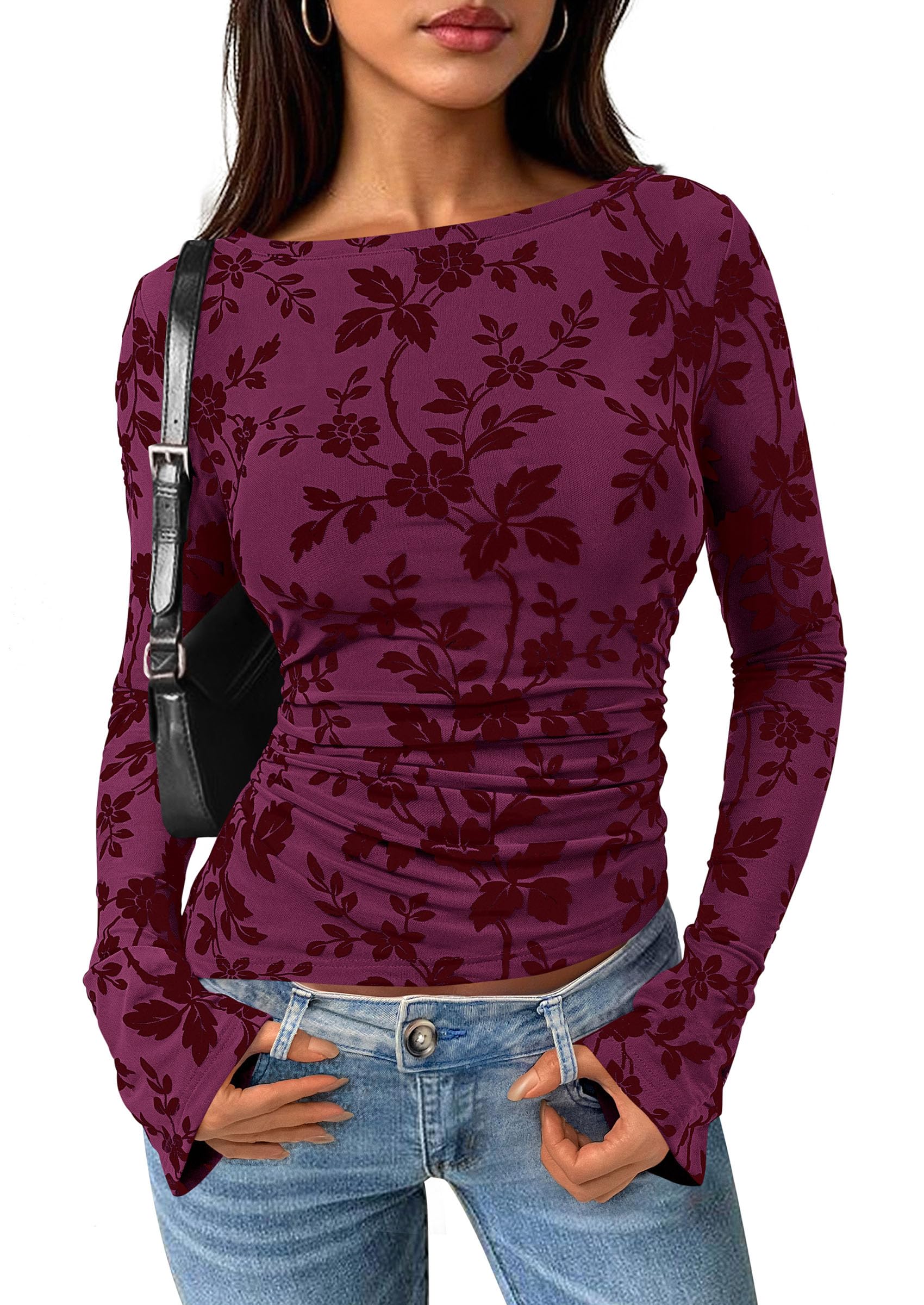 Women's Long Bell Sleeve Y2K Tops Boho Floral Mesh Blouses