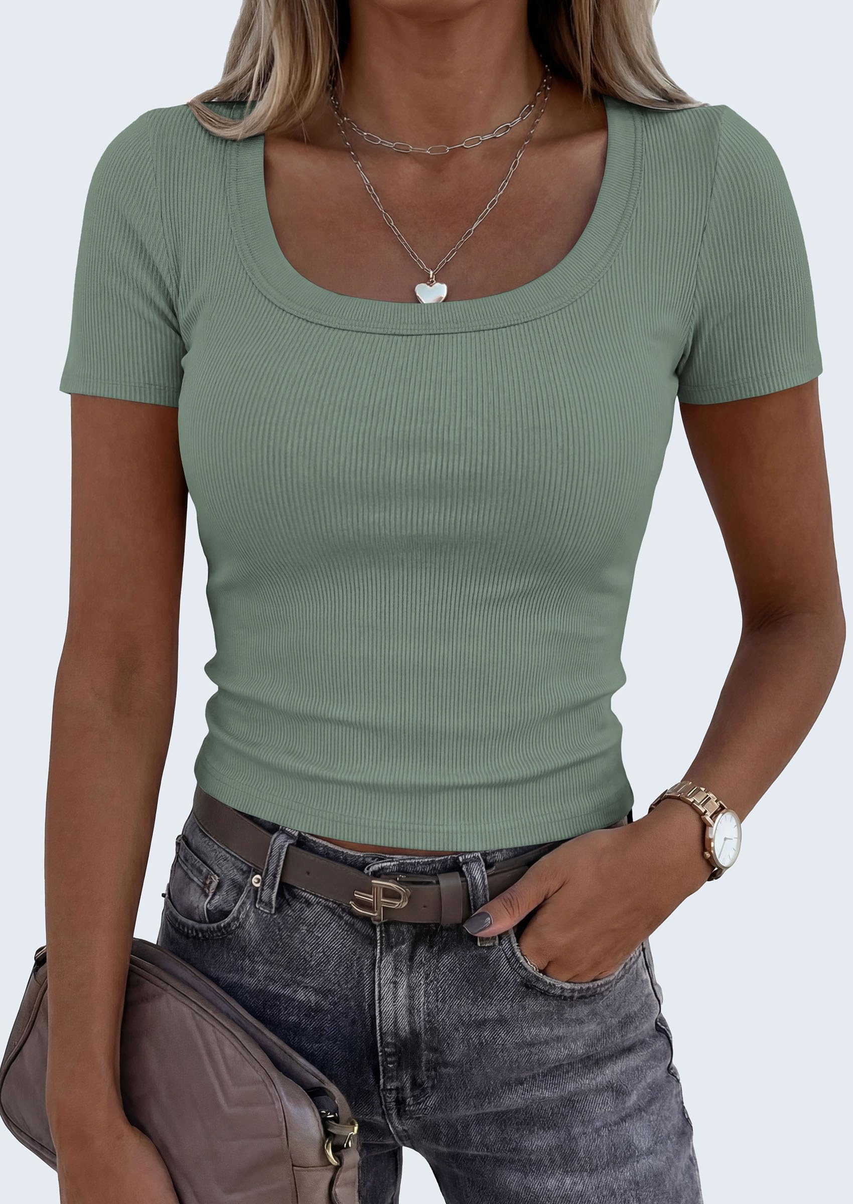 Womens Summer Short Sleeve Scoop Neck Tops,Sage Green,M