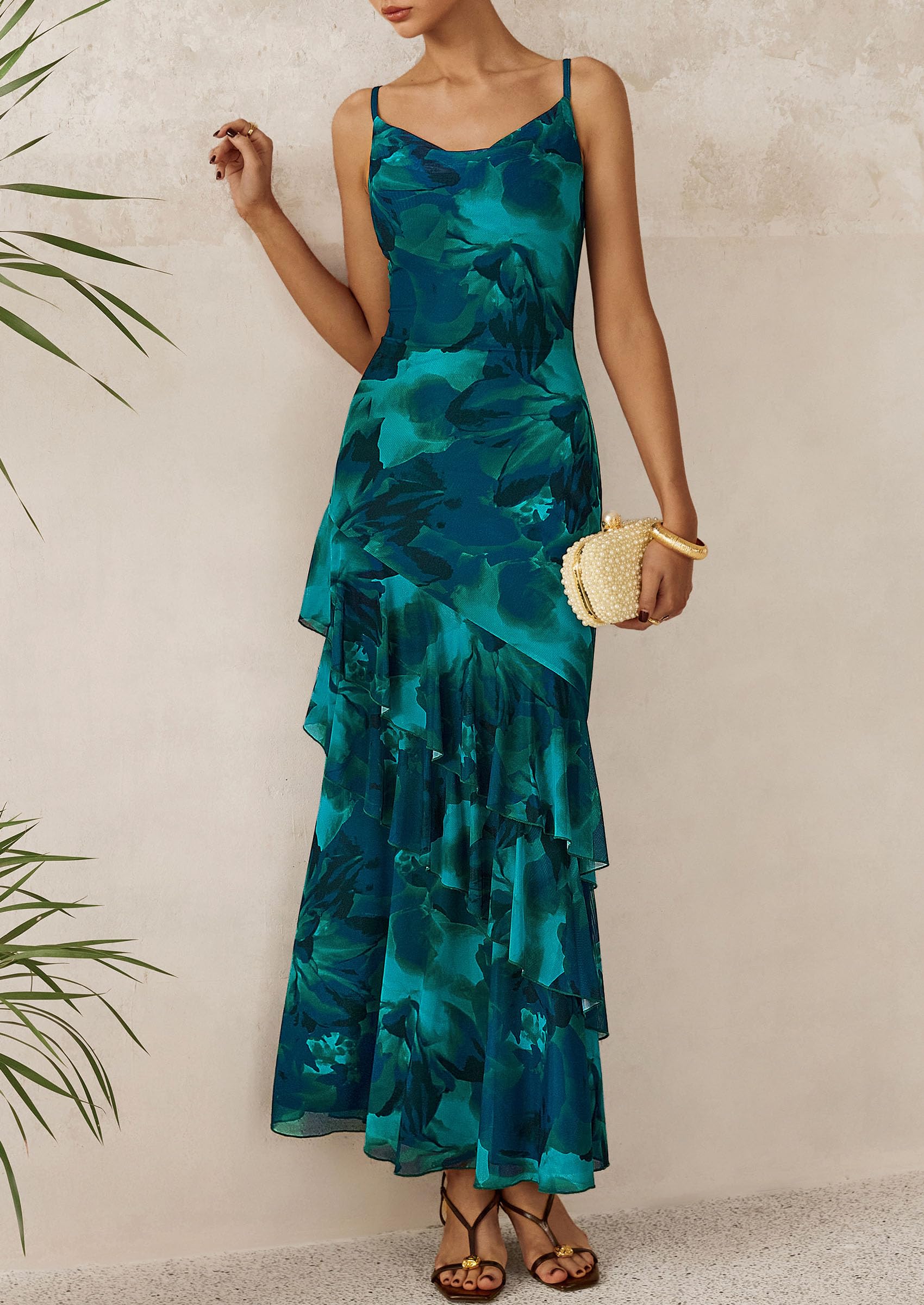 Women's Boho Floral Tiered Maxi Dress, Floral Lake Blue,XS