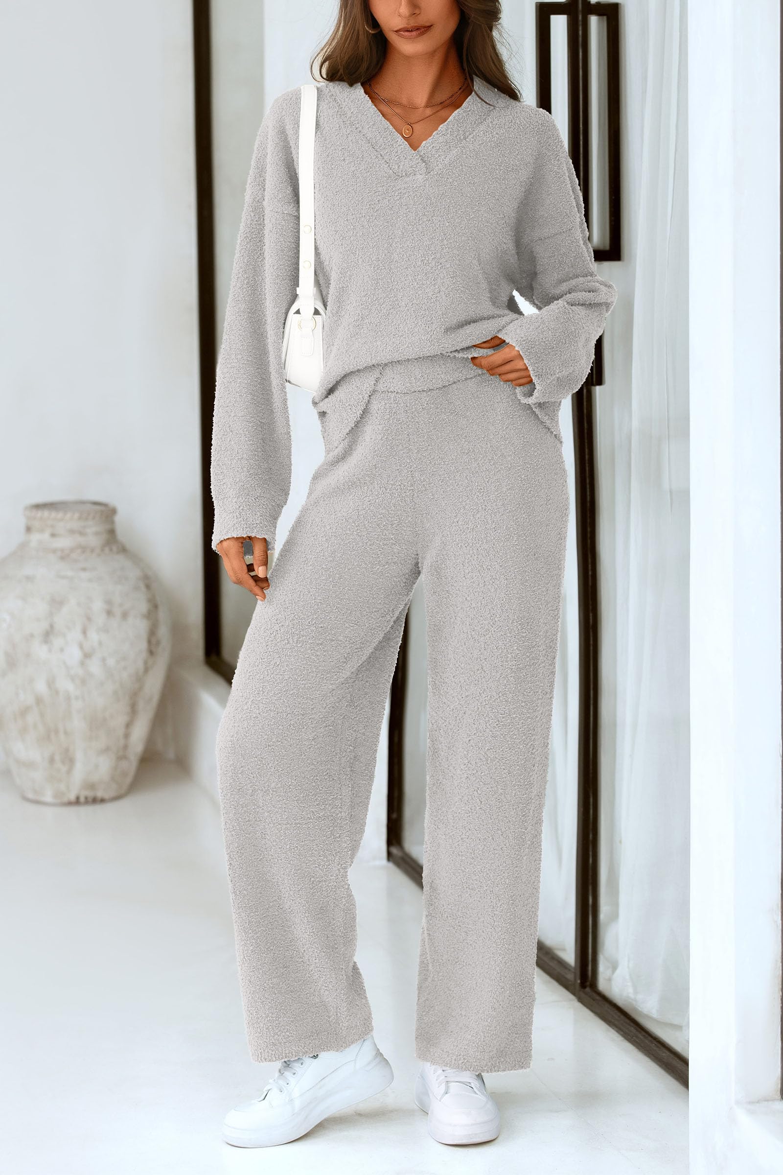 Lounge Sets for Women Fall 2 Piece Fuzzy Sweater Pajama Set