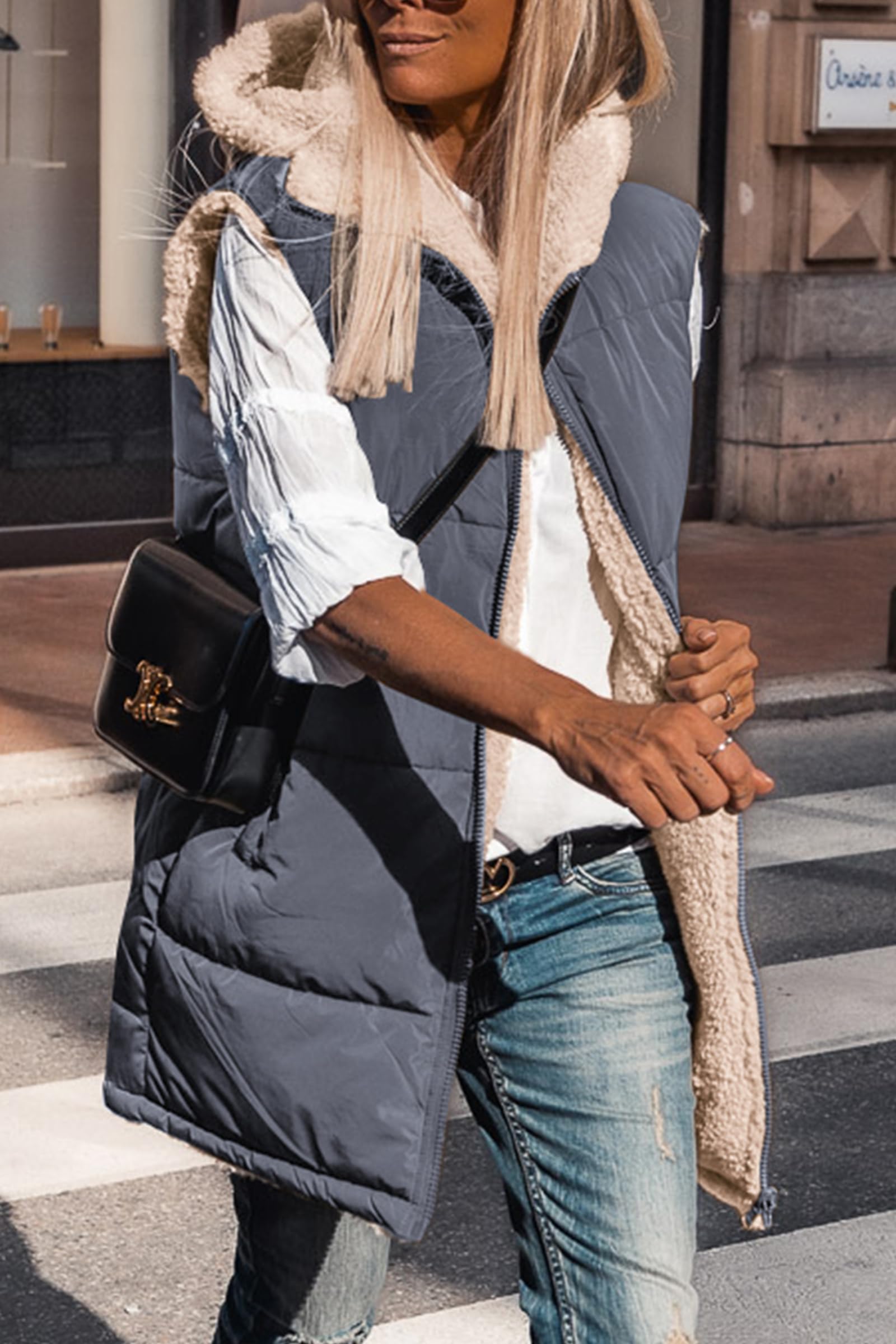 Women's Winter Reversible Fleece Long Vests(Grey Blue,S)