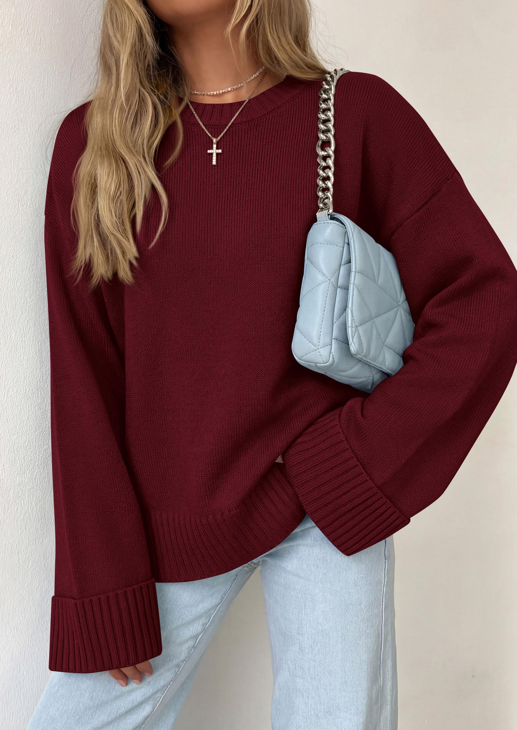 Oversized Sweater Women's Crewneck Long Sleeve Tops Wine Red