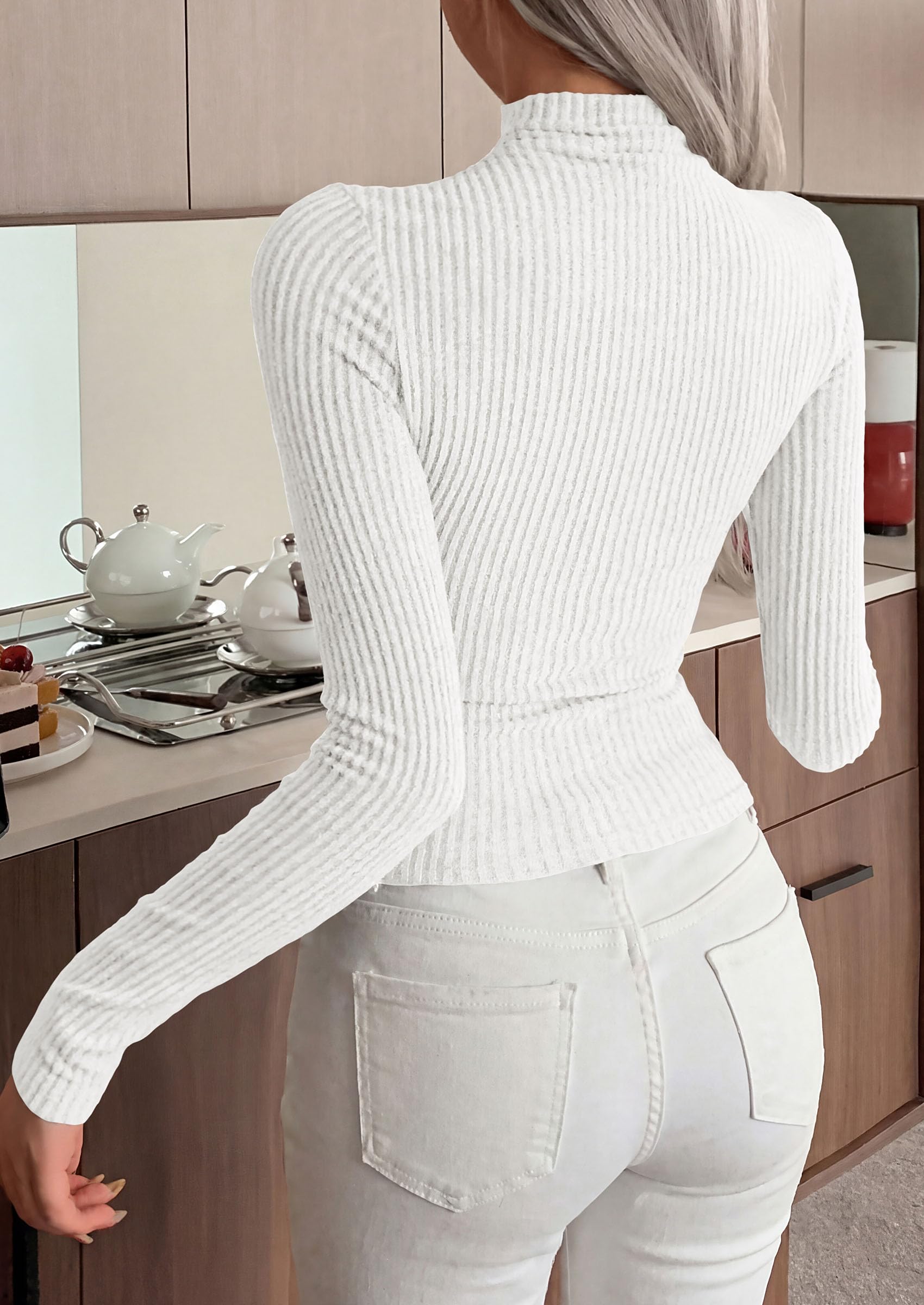 Long Sleeve Shirts for Women Fall Ribbed Mock Turtleneck Tops