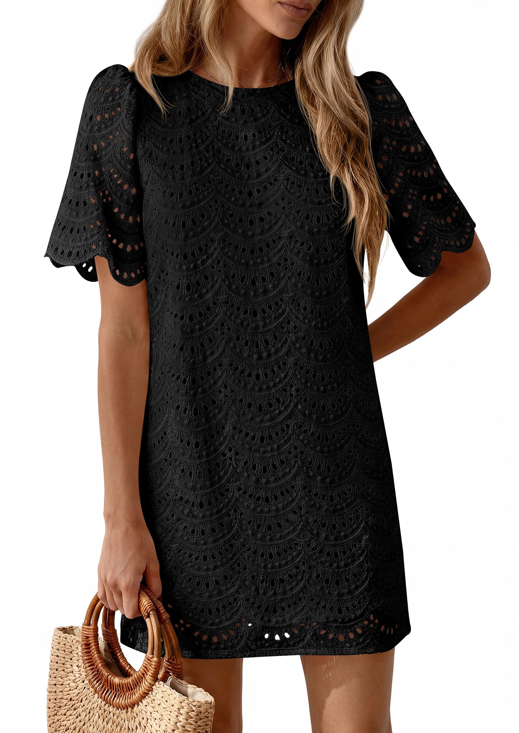 Women's Summer Eyelet Lace Short Dress (Black,S)