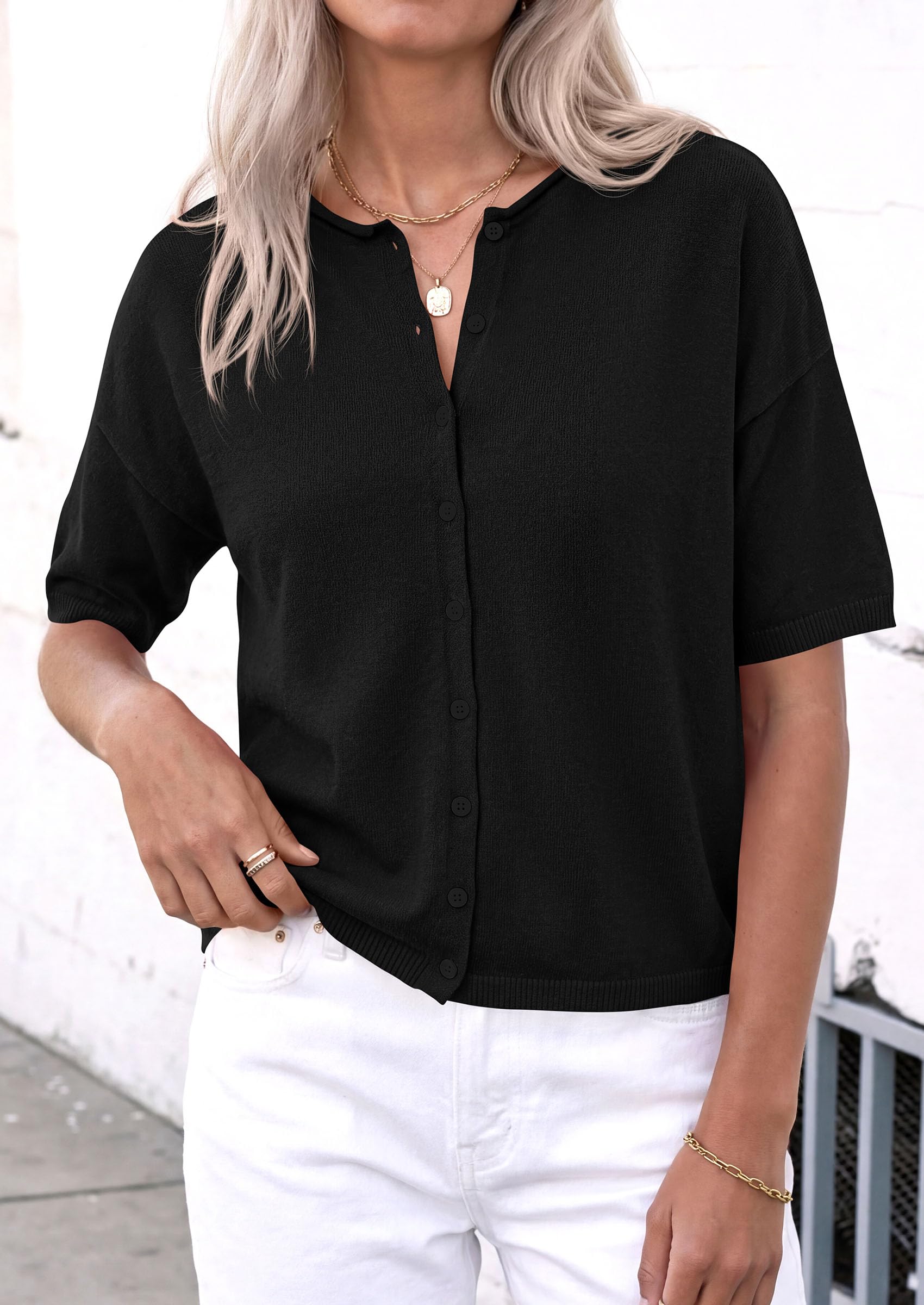 Women's Short Sleeve Cardigan Sweaters (Black,Small)