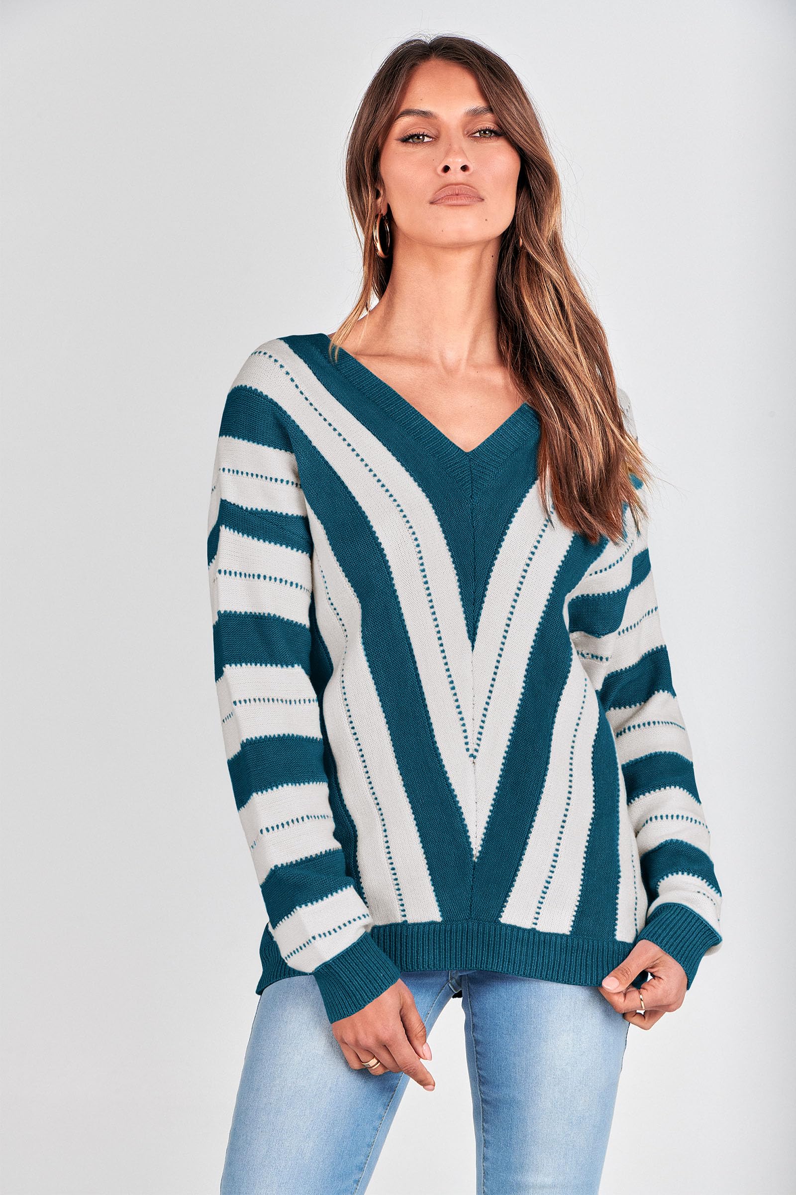 Women's V Neck Striped Knit Pullover Sweater