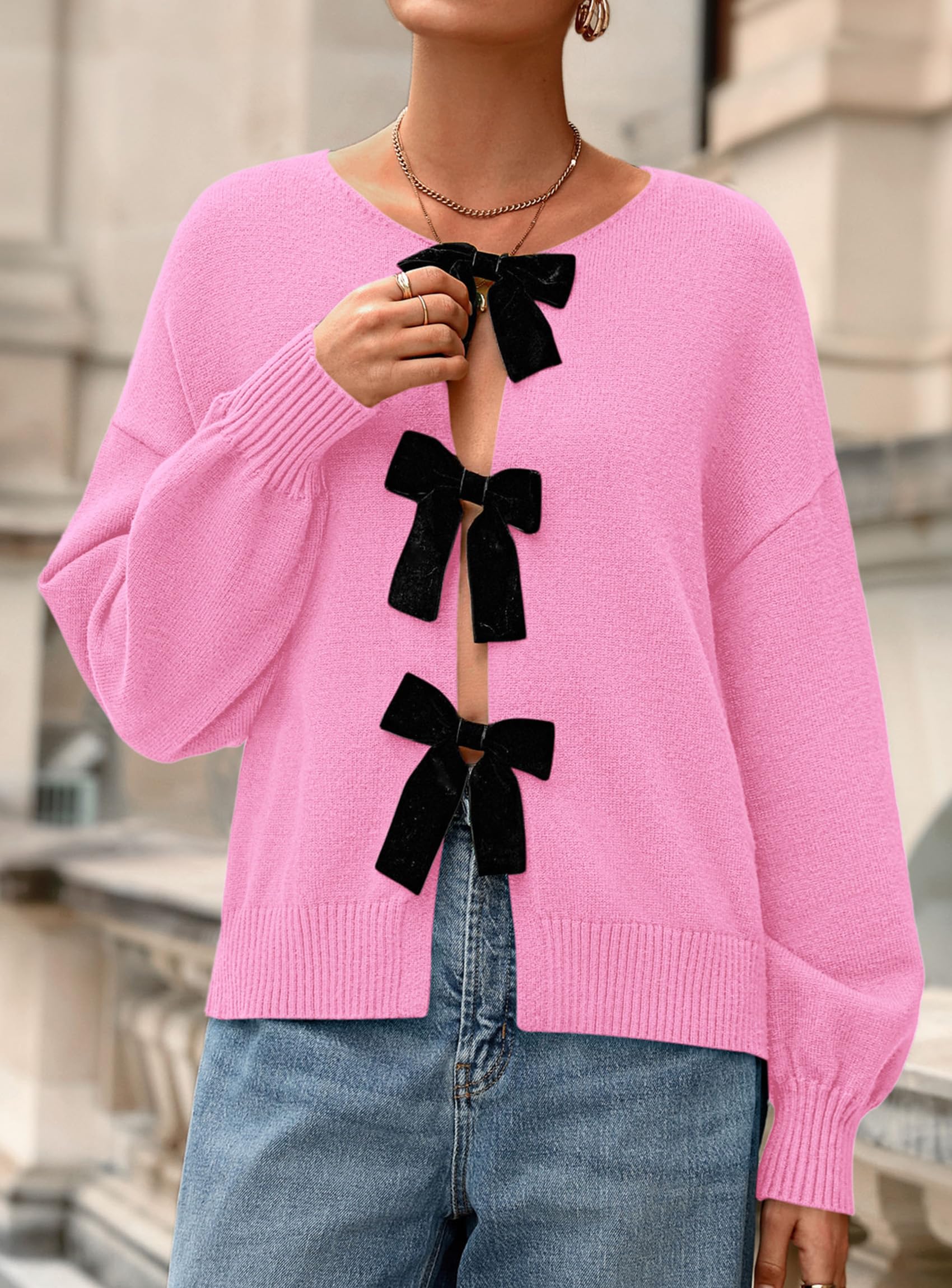 Women's Fall Bow Tie Front Cardigan Sweaters,Pink,S