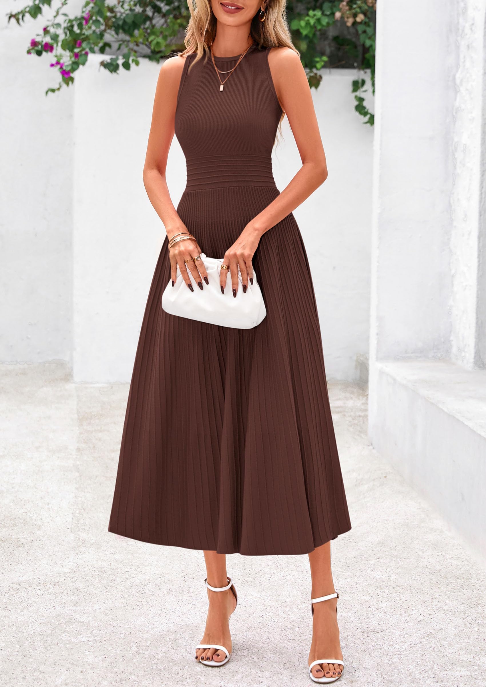 Women's Summer Pleated Midi Work Dress,Brown,S
