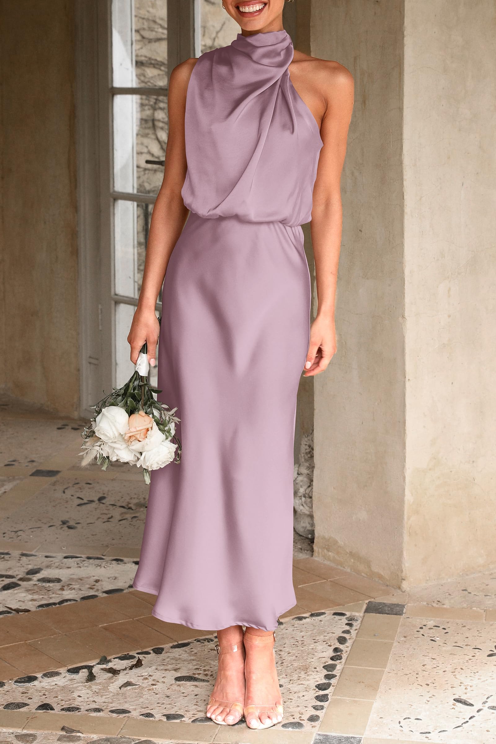Women's Summer Satin Maxi Cocktail Dress Dusty Pink