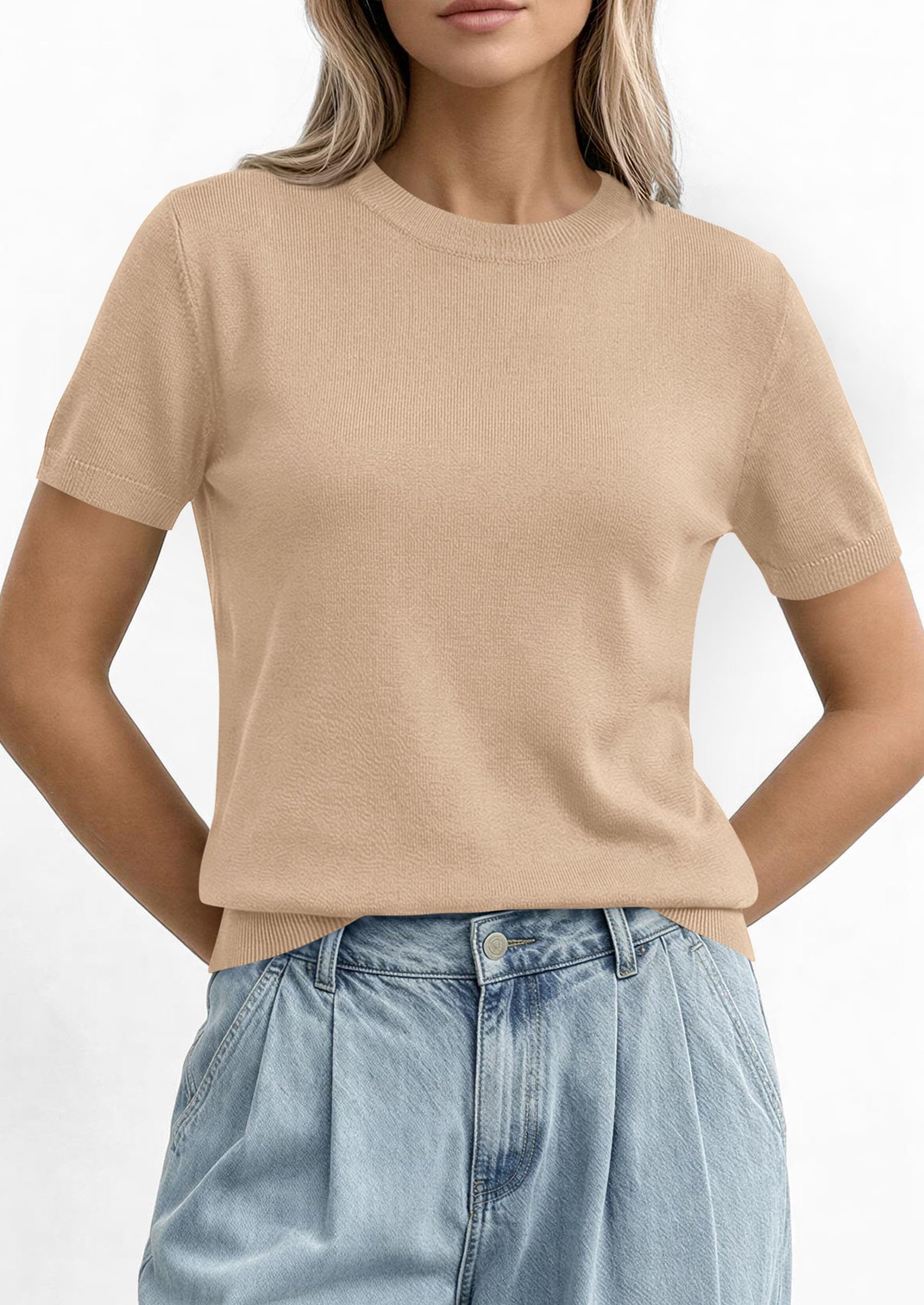 Women's Short Sleeve Sweaters Summer Tops,Beige,S