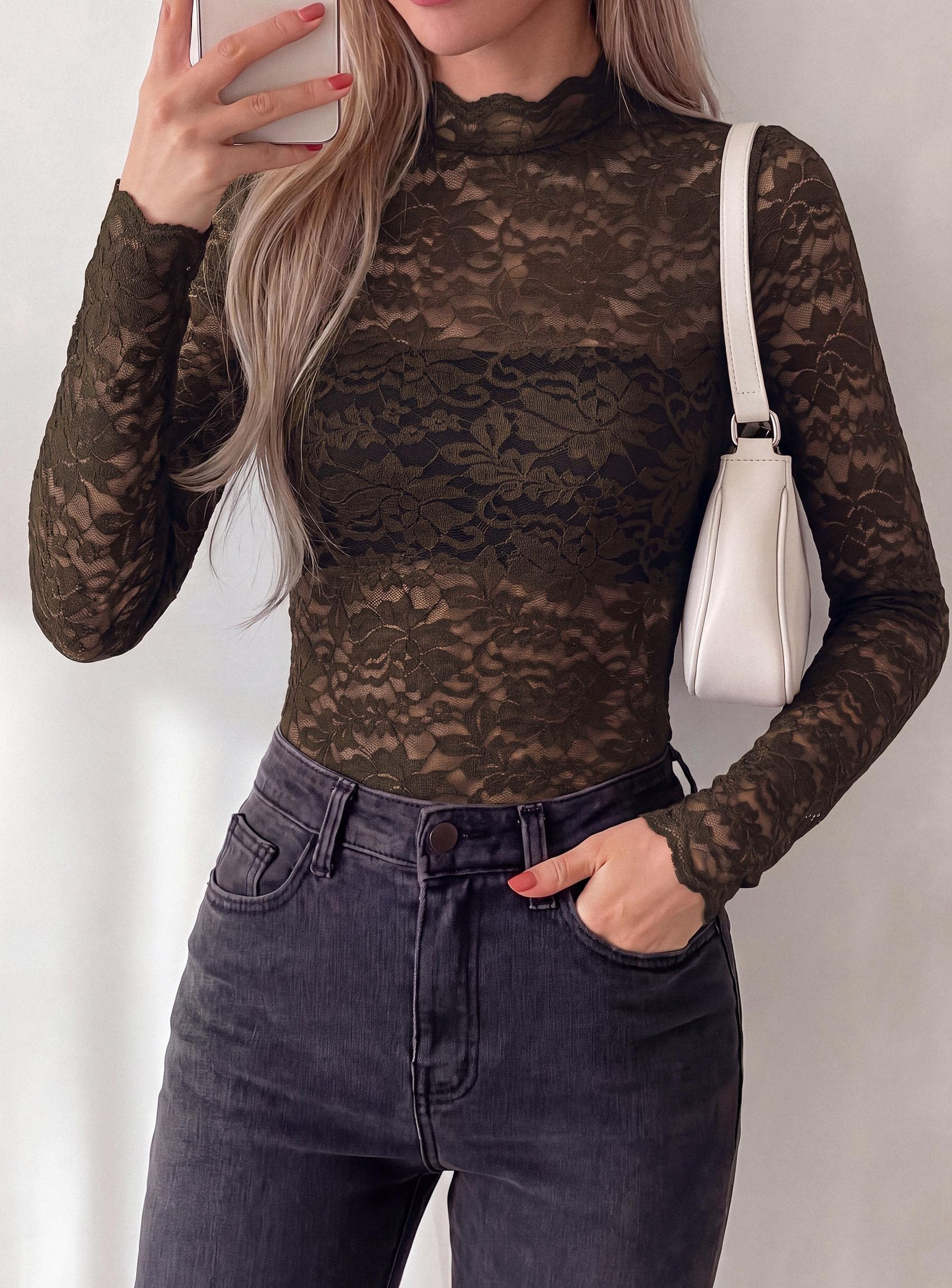 Womens Lace Long Sleeve Tops Sheer Mesh Blouse Coffee,S