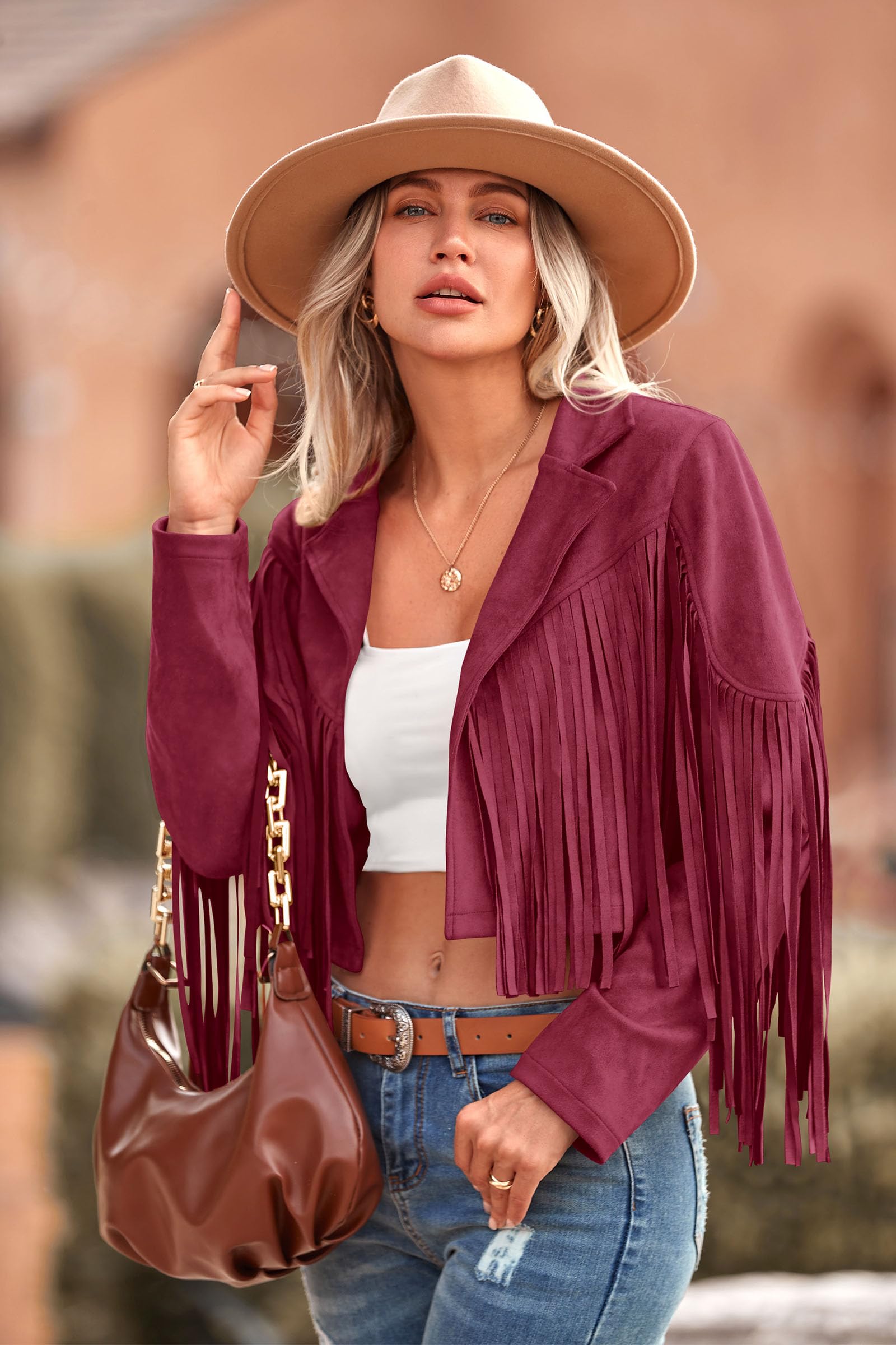 Women's Fringe Faux Suede Leather Jackets,Wine Red,S