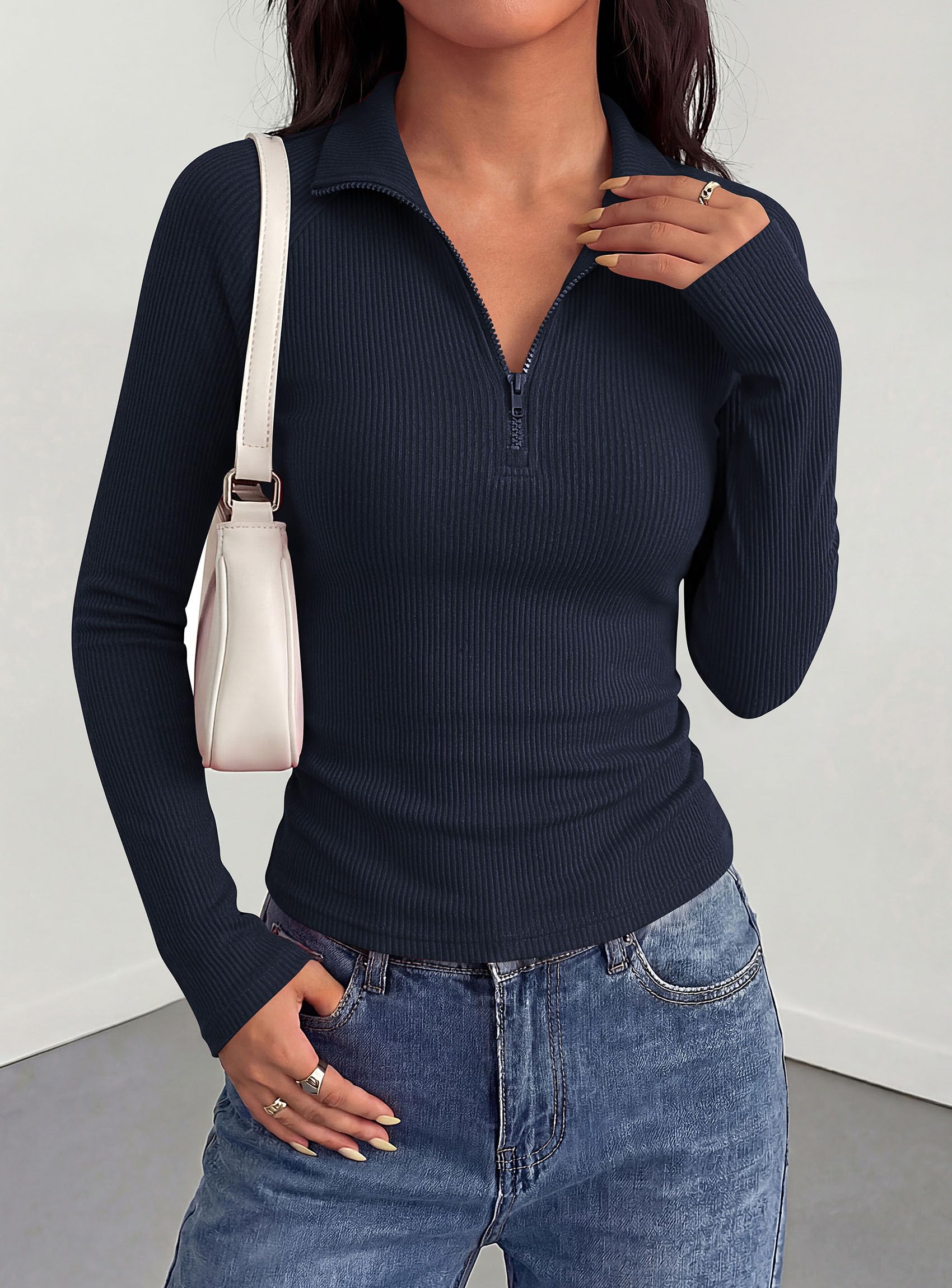 Women's Long Sleeve Shirts Fall Quarter Zip Up Pullover Tops