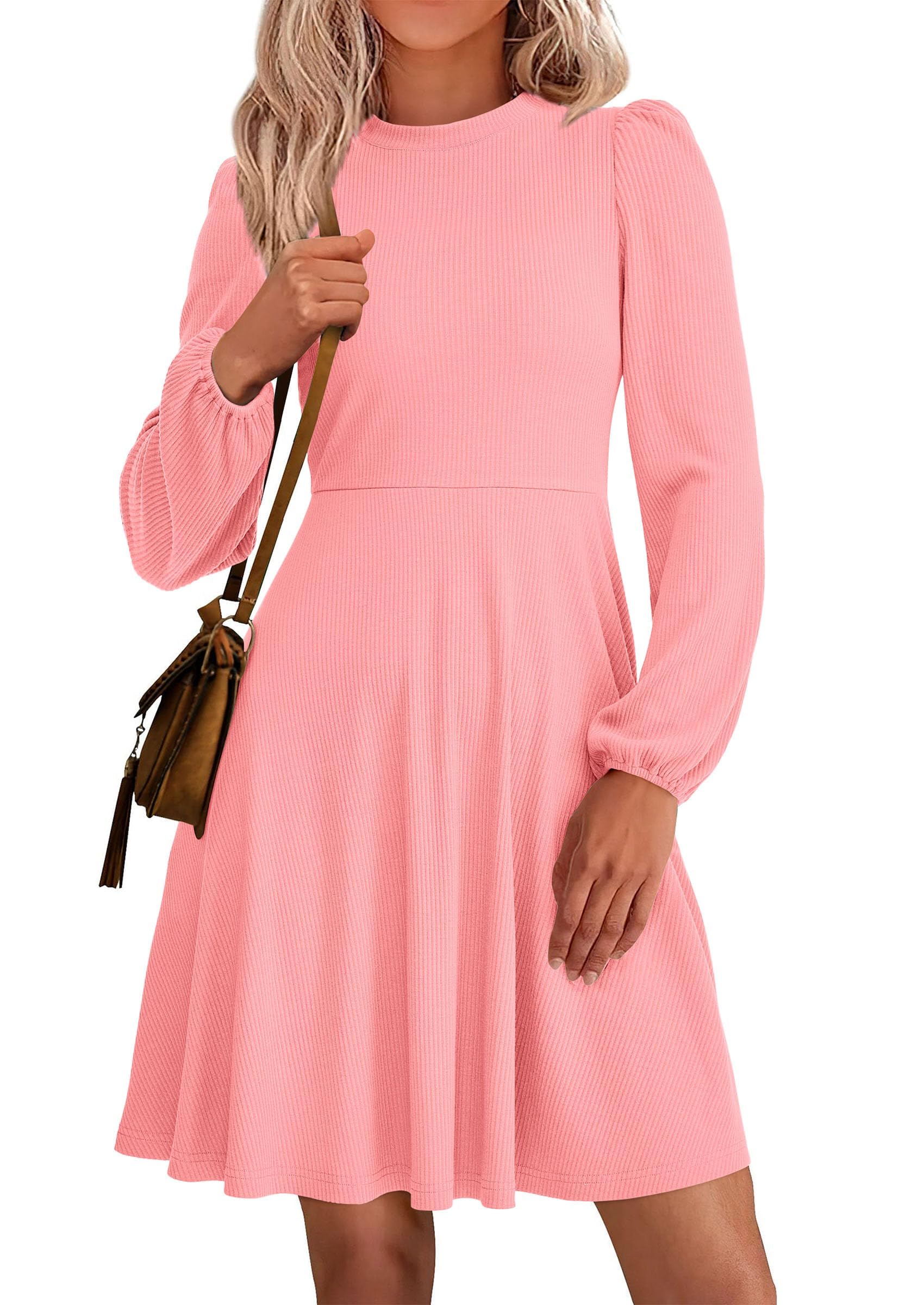 Womens A Line Long Sleeve Mini Dress,Pink,S