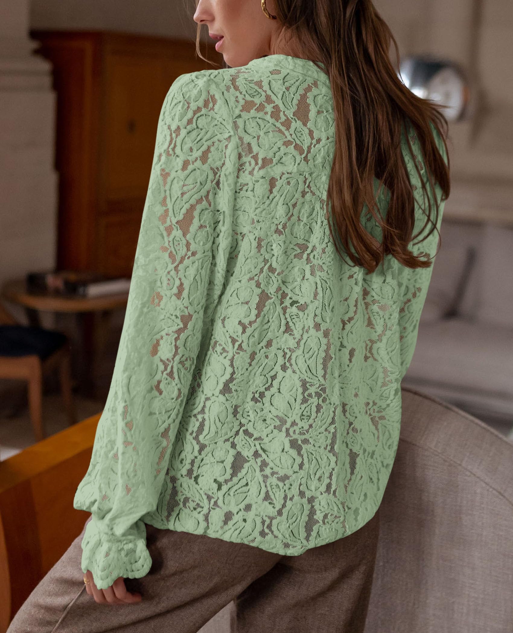 Women's Fall Trendy Long Sleeve Lace Tops(Dusty Green,Small)