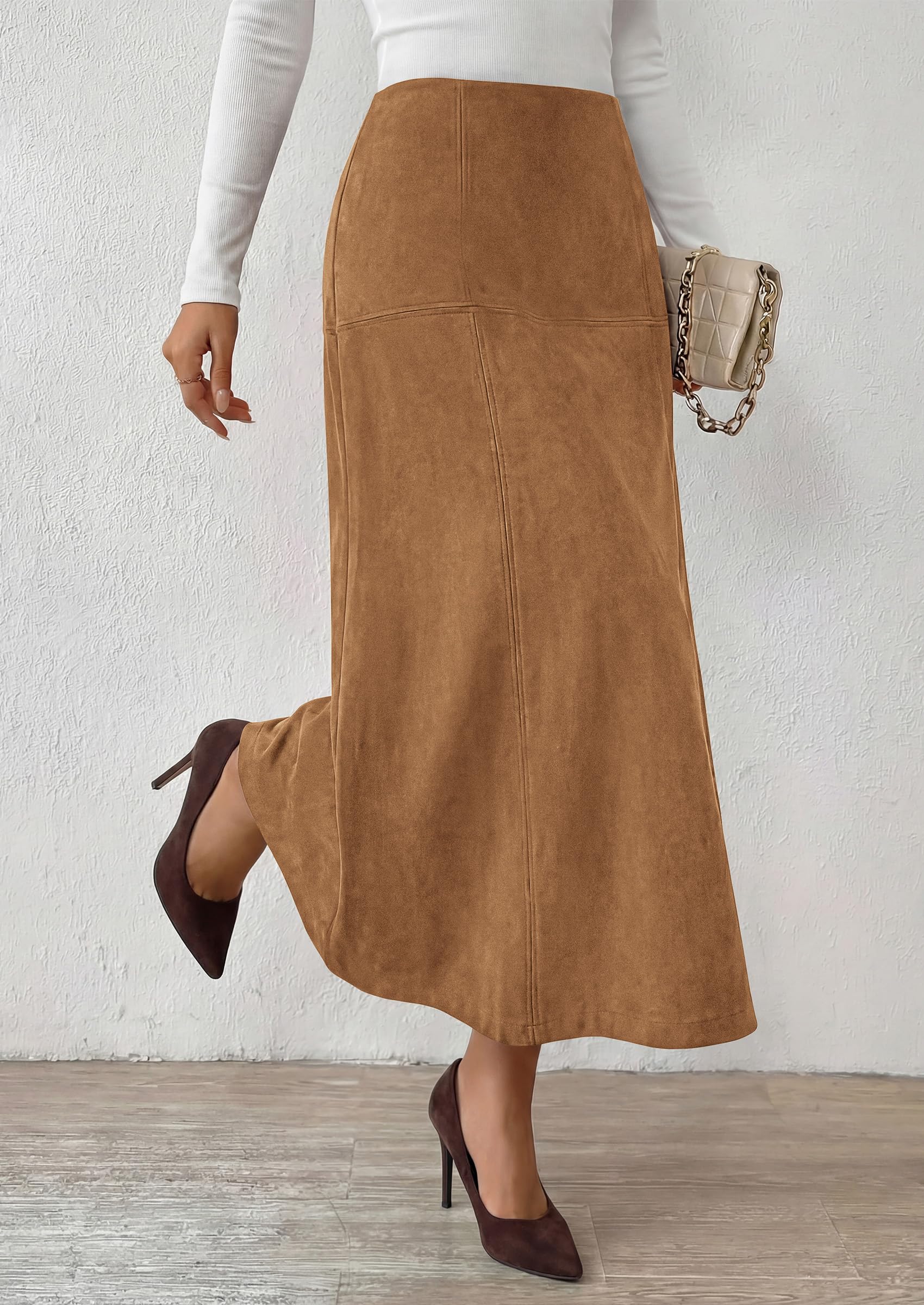 Womens High Waist Faux Suede A Line Midi Skirt,Khaki,S