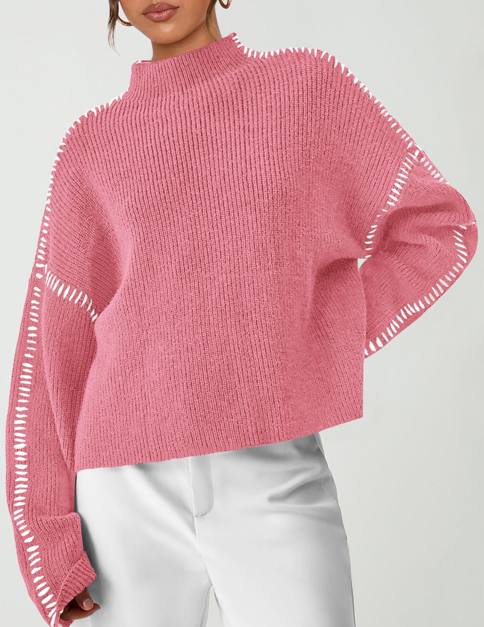 Womens Chunky Knit Oversized Pullover Sweaters,Dark Pink,S