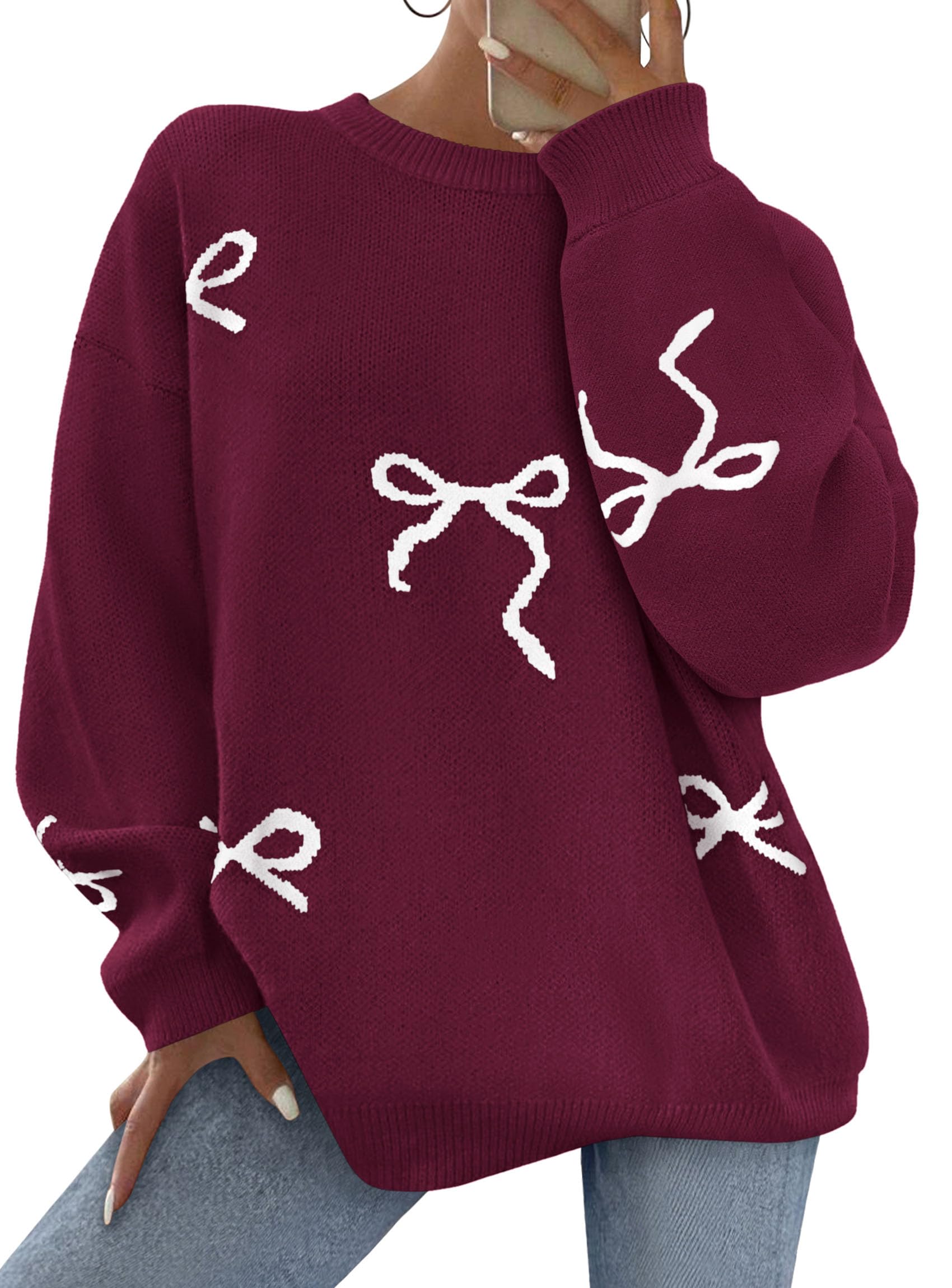 Fall Long Sleeve Pullover Sweaters for Women 2026 Trendy Crewneck Casual Cute Bow Chunky Knit Oversized Sweater (Wine Red,Small)