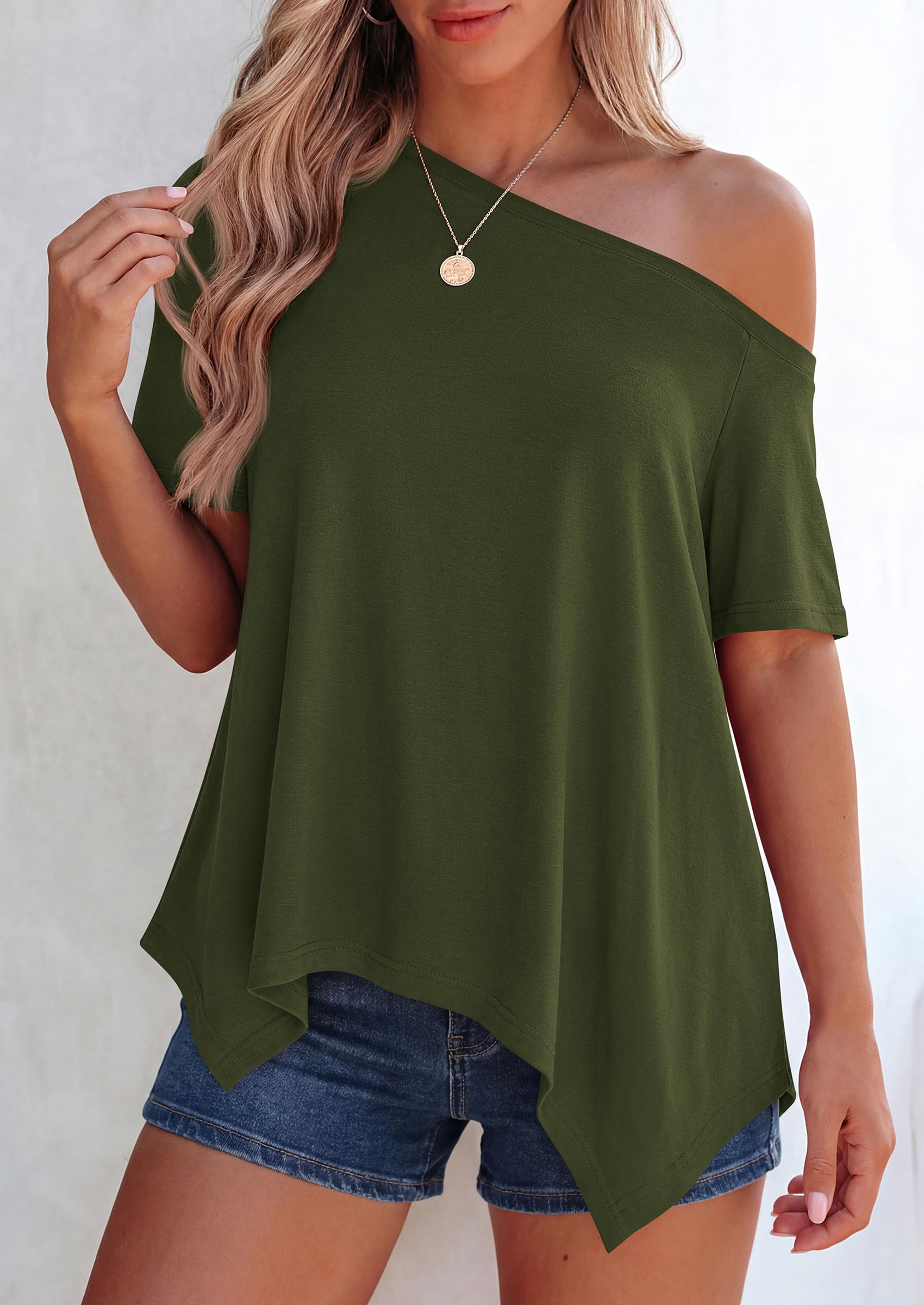 Off Shoulder Tops for Women Oversized Tshirts, Army Green,S