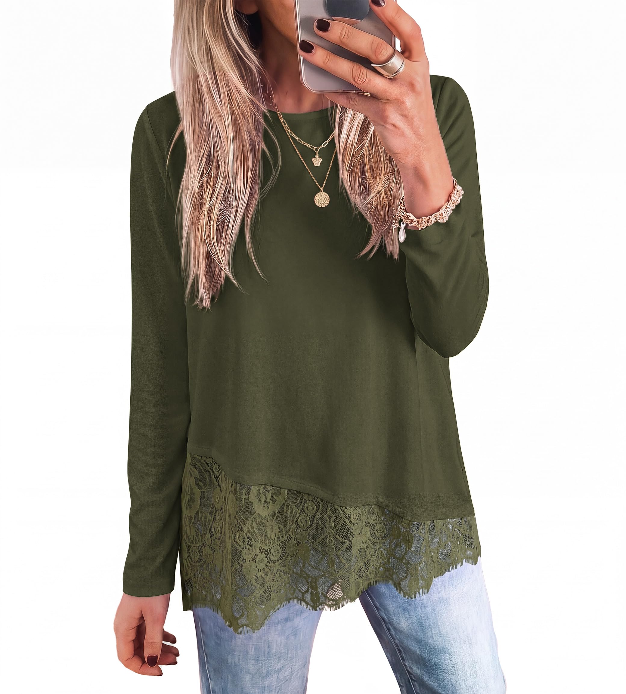 Women's Lace Patchwork Long Sleeve Shirts,Army Green,S