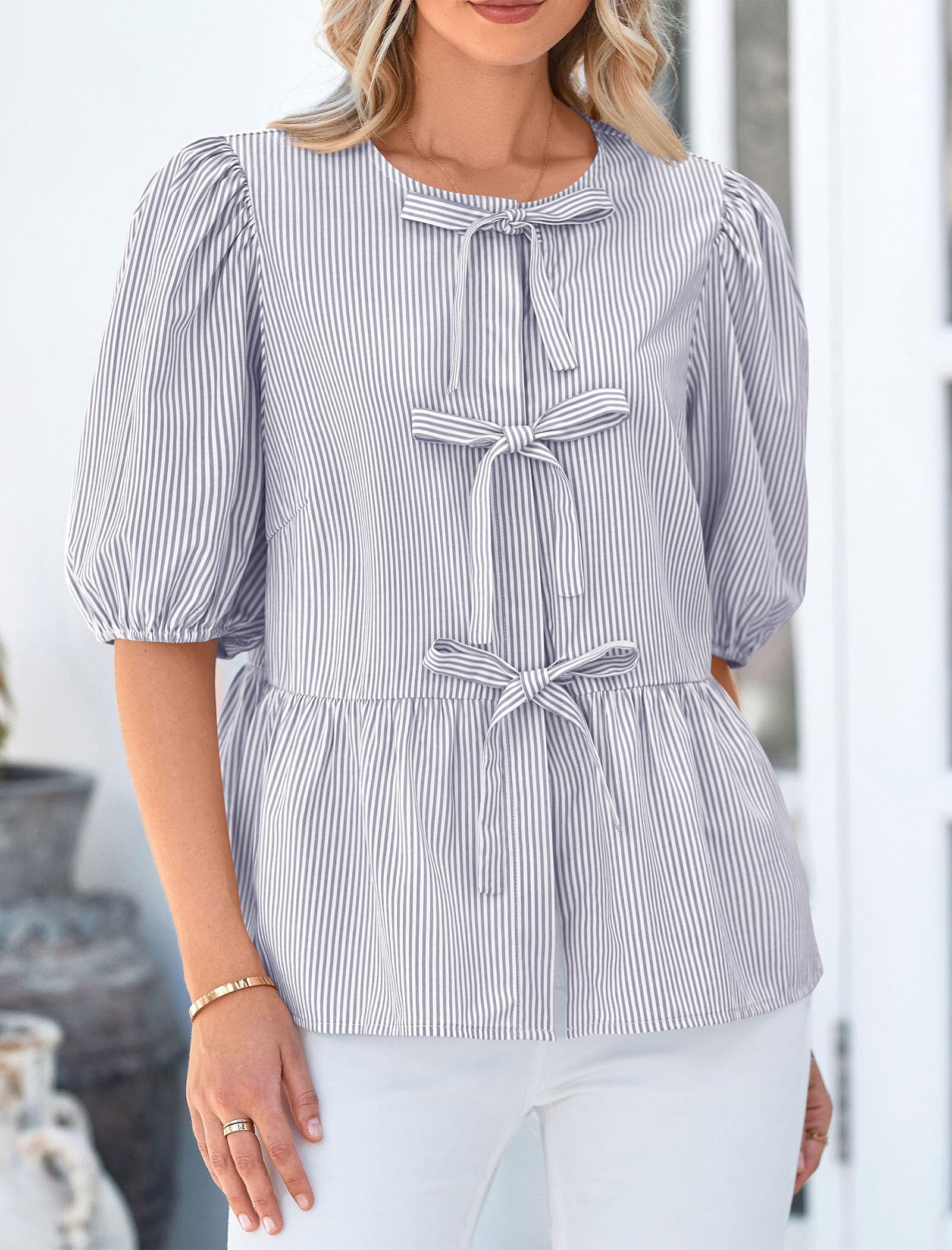 Women Striped Tie Front Babydoll Peplum Tops, Grey Blue,S