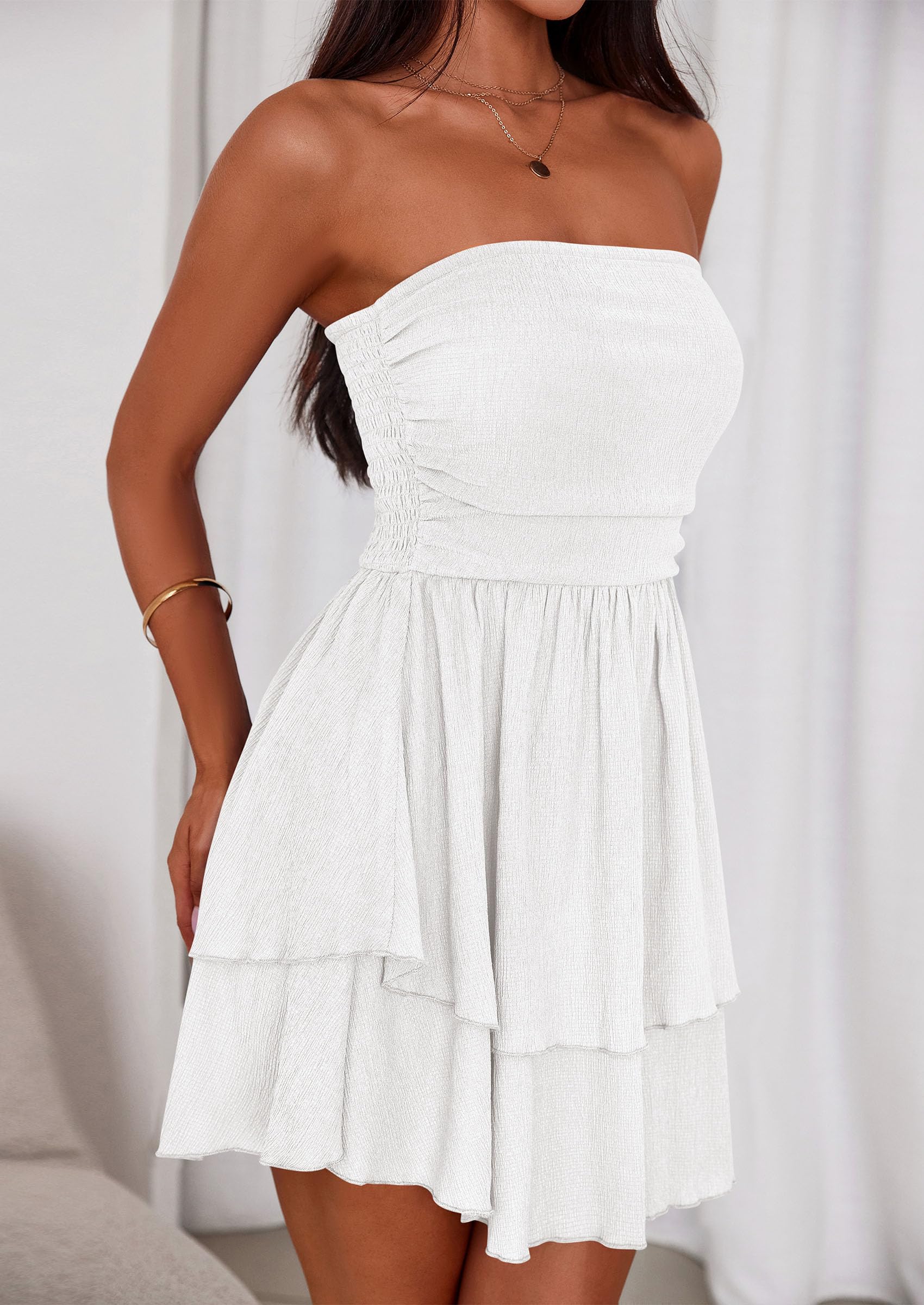Women's Summer Strapless Flowy Mini Dresses (White,S)