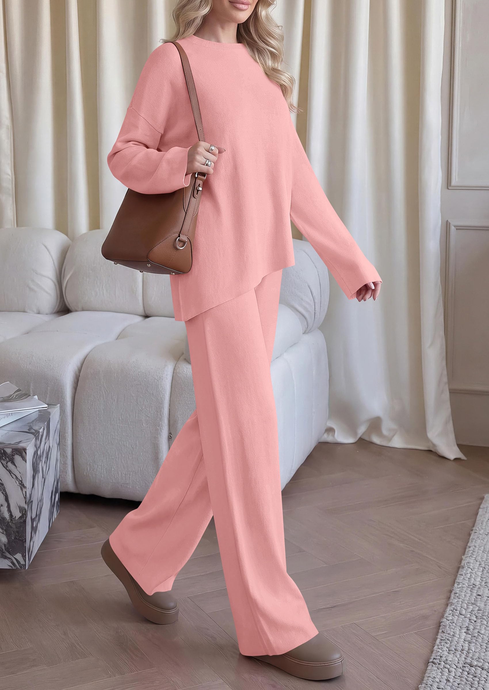 Womens Fall 2 Piece Asymmetric Cozy Sweater Travel Lounge Sets