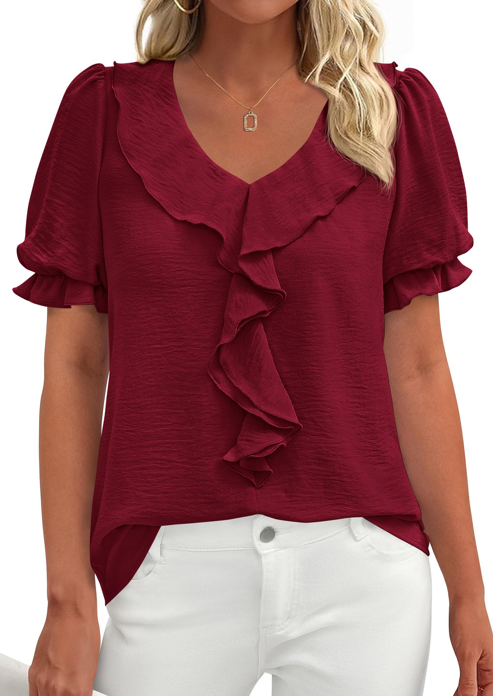 Women's Summer Ruffle Dressy Casual Blouses (Burgundy,S)