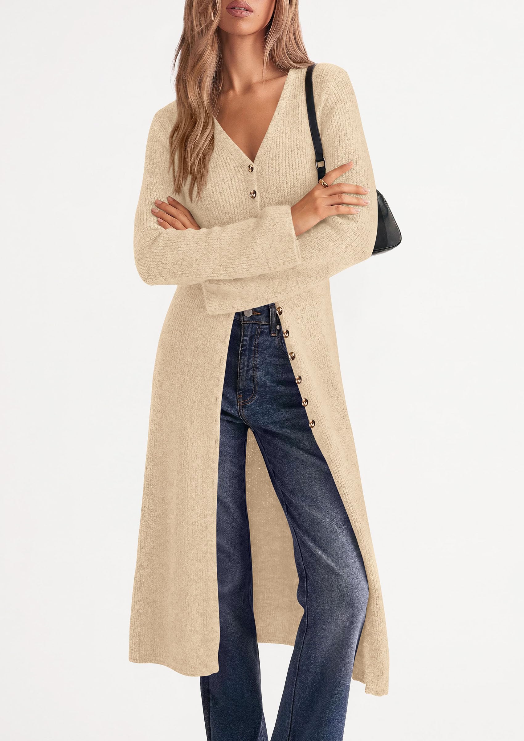 Women Long Cardigan Bell Sleeve Sweater Dress (Beige,S)