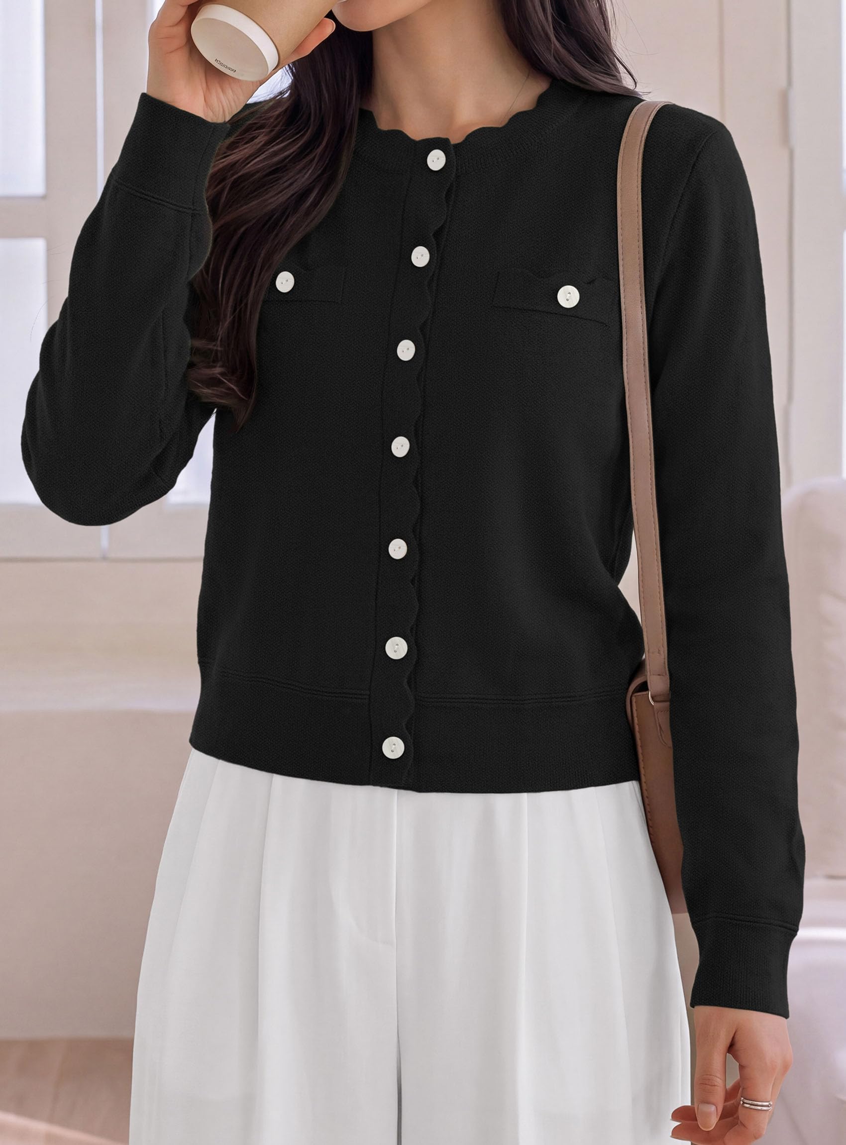 Womens Lightweight Cardigan Sweaters Scalloped Trim Fall Tops