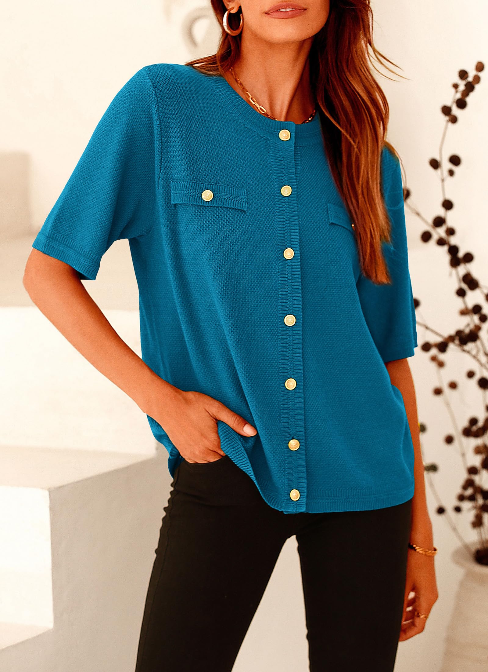 Women's Summer Casual Button Down Shirts Cyan,Small