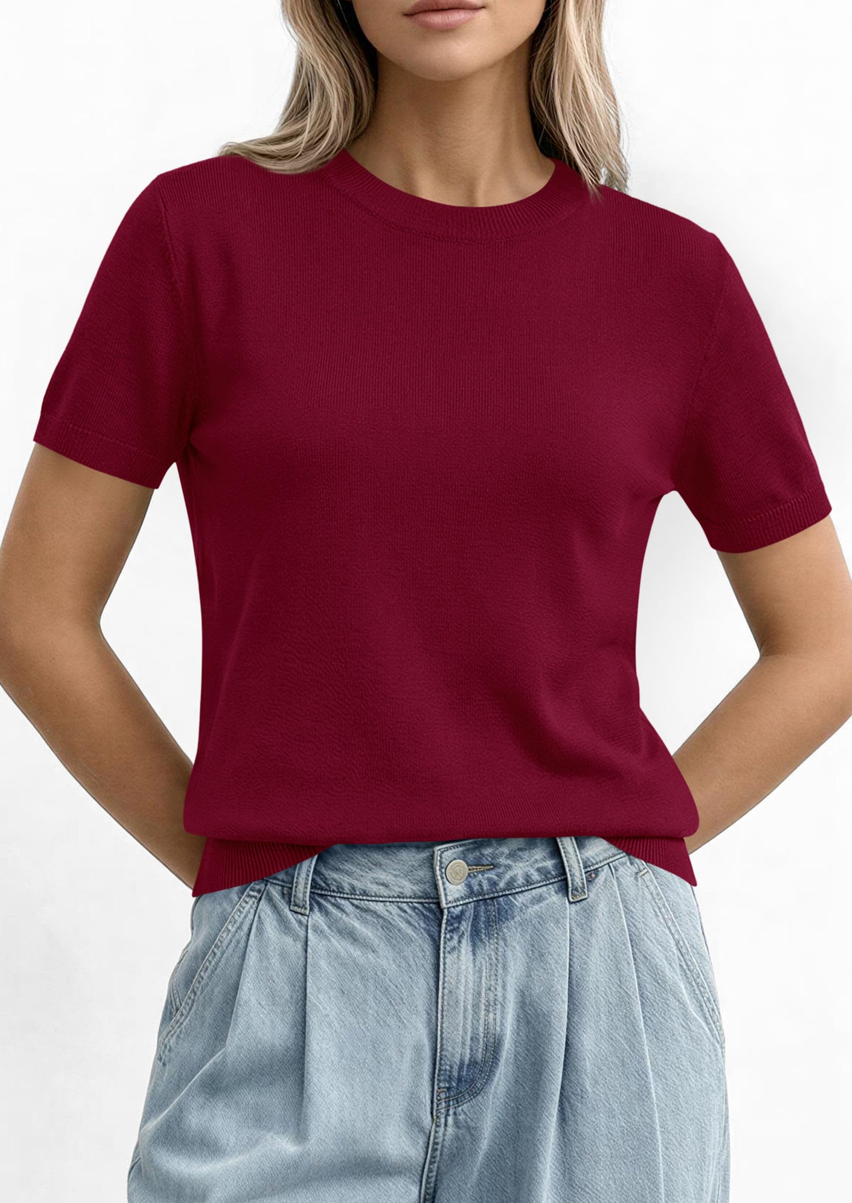 Women's Short Sleeve Sweaters Summer Tops,Burgundy,S