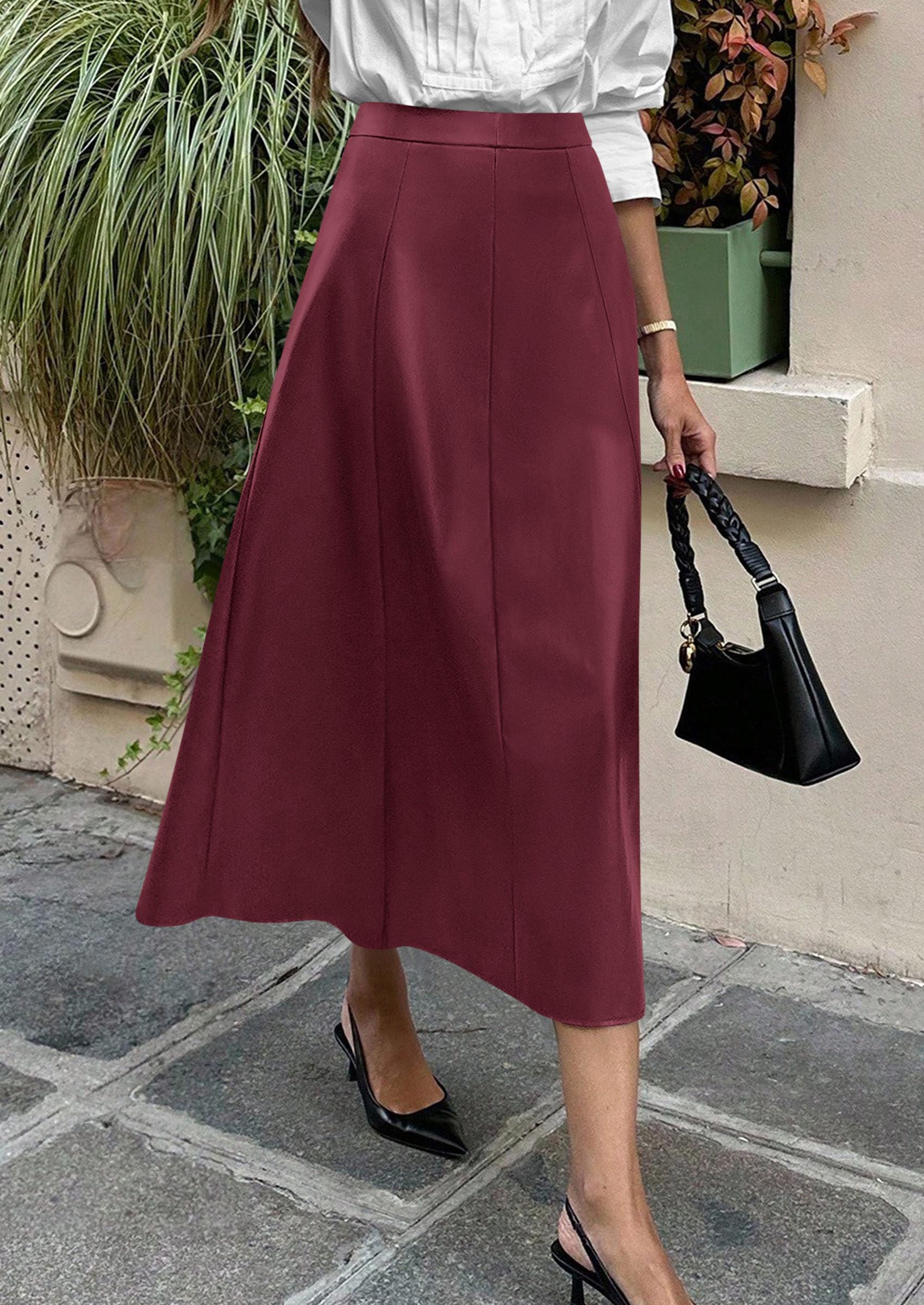 Womens Faux Leather High Waisted Midi Skirt,Wine Red,S