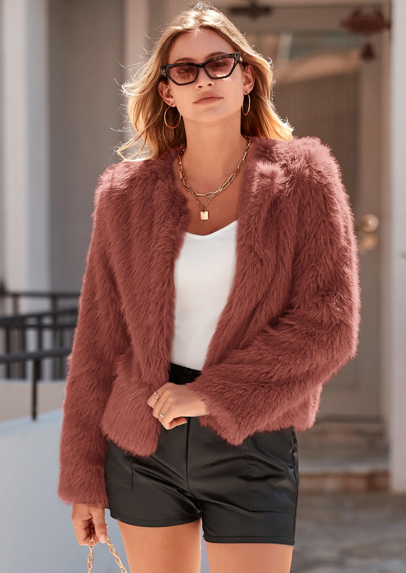 Women's Winter Cropped Faux Fur Coats(Rust Red,Small)