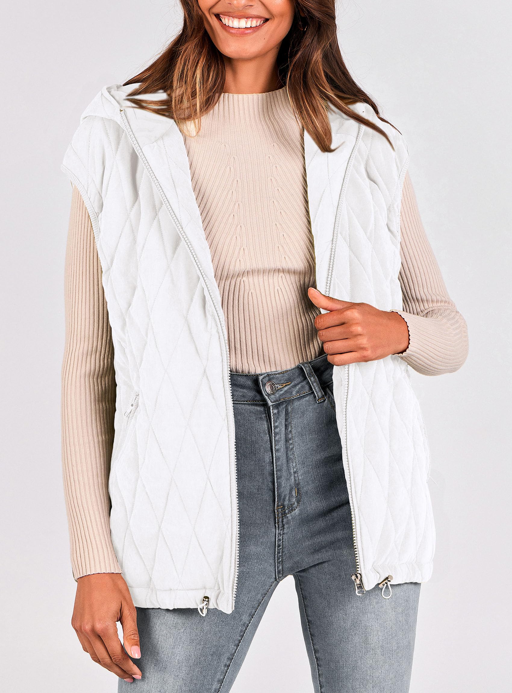 Women's Fall Fashion Vest Zip Up Jacket(White,Small)