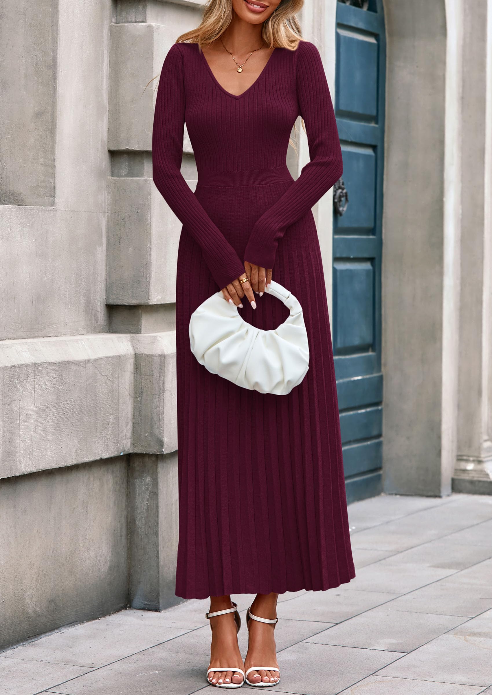 Sweater Dress Women Long Sleeve Maxi Flowy Pleated Dresses