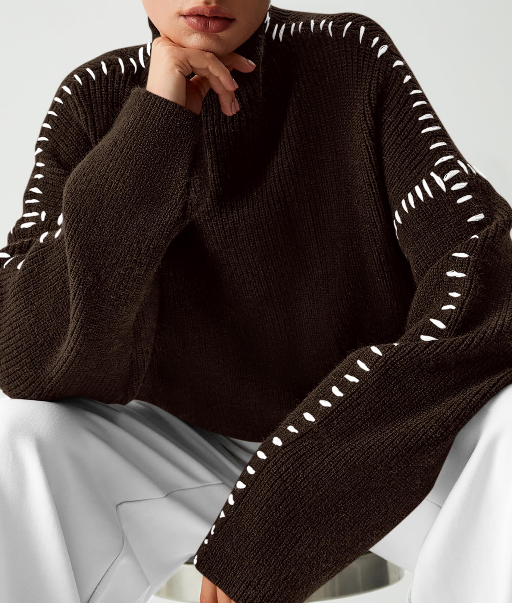 Womens Chunky Knit Oversized Pullover Sweaters,Coffee,S