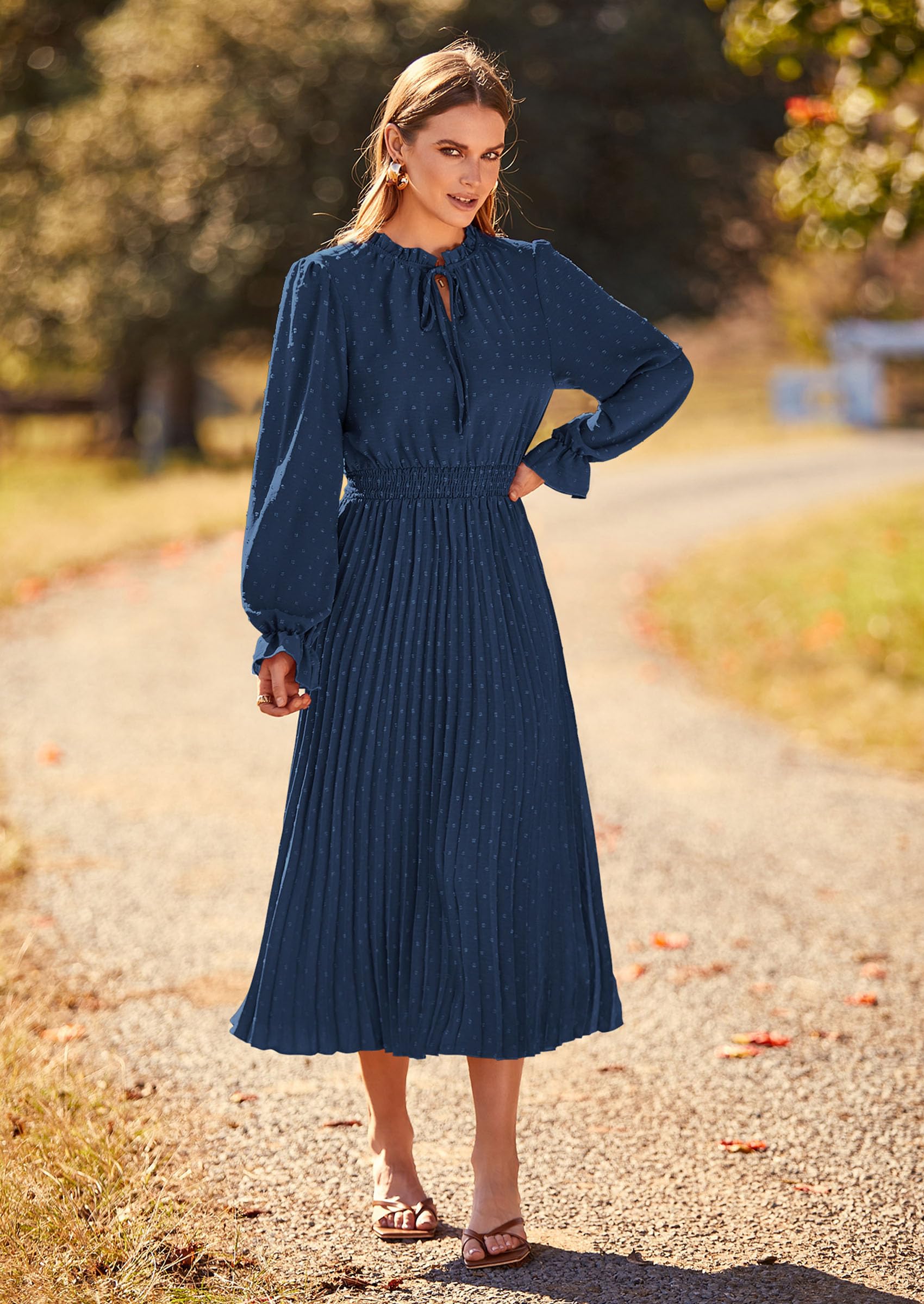 Women's Fall Midi Wedding Guest Dress(Dark Blue,Small)