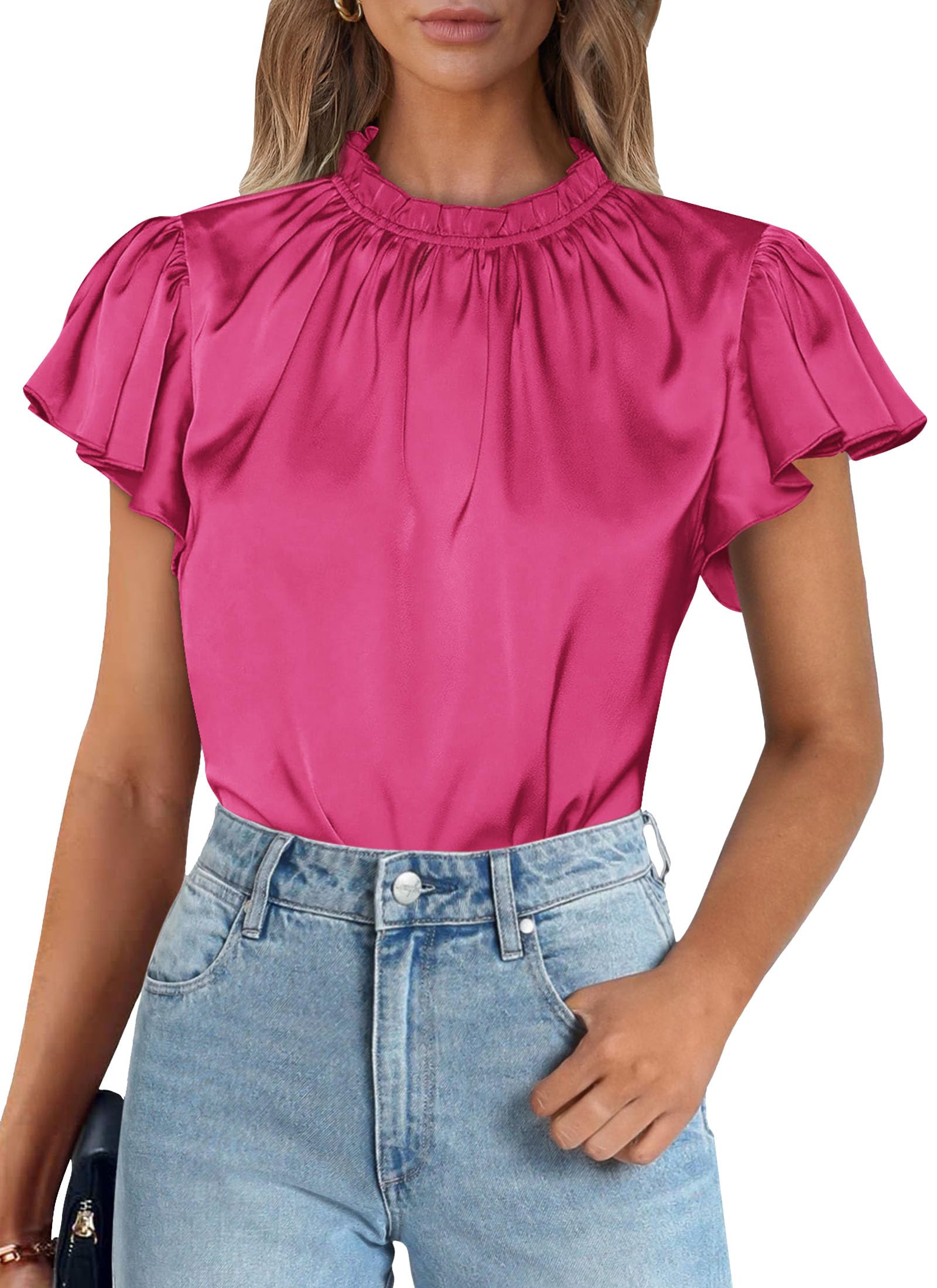 Women's Satin Tops Business Casual Work Blouses, Rose Red,S